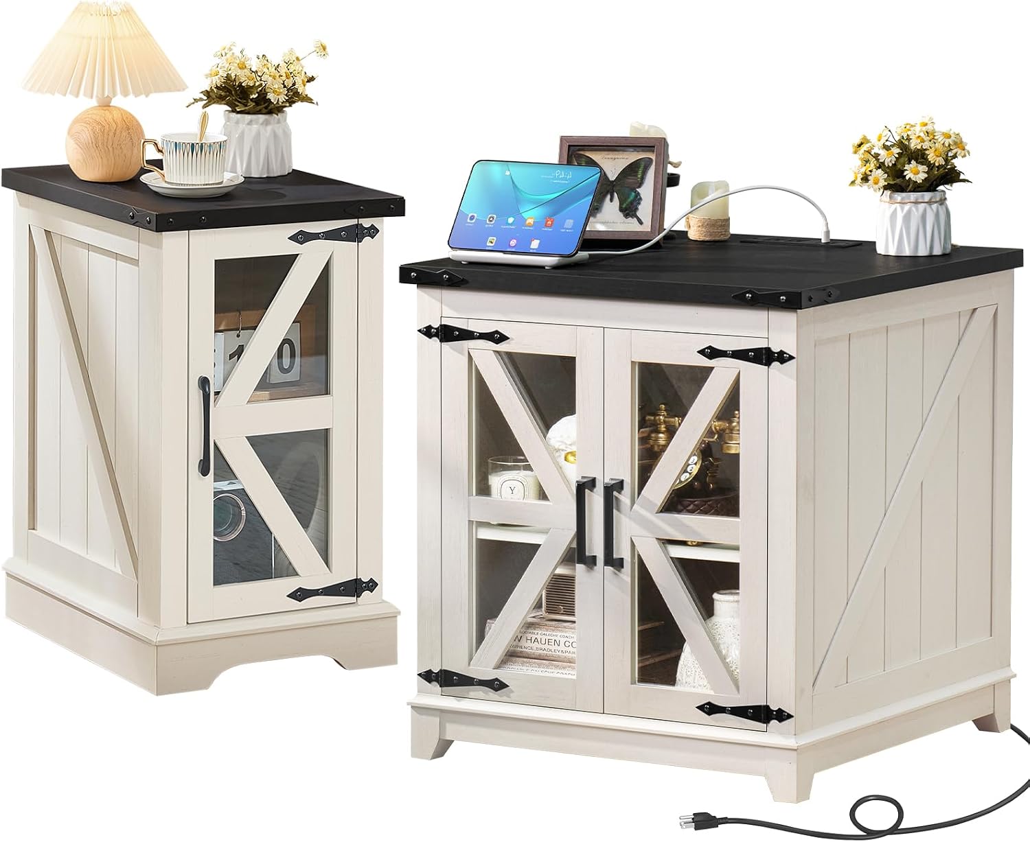 Joaxswe Farmhouse End Table Set 2, Narrow 18'' Night Stand with Glass Barn Door, 24" Square Side Table with Charger Station, Living Room Furniture Sets, Wood Nightstand Bedside Tables for Bedroom