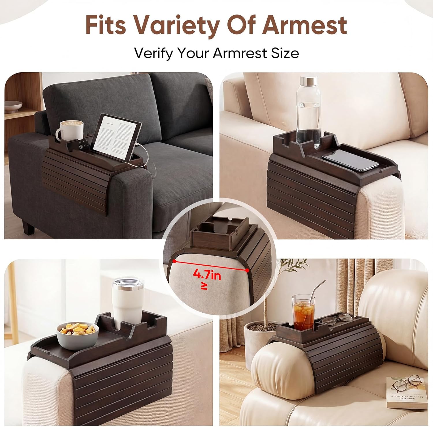 Bamboo Couch Arm Tray Table with Built-in Cup Holder, Foldable Anti-Slip Sofa Armrest Table for Drinks, Phone & Remote, Fits 4.7–16.9 in Armrests, Holds Cups up to 3.5 in Diameter (Brown)