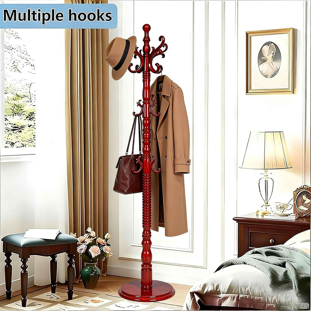 Coat Rack Freestanding, Wooden Coat Rack Stand with Sturdy Round Base, Vintage Coat Racks with 18 Hooks, Coat Hanger Stand for Entryway, Hallway,Bedroom (Reddish brown)