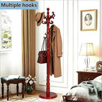 Coat Rack Freestanding, Wooden Coat Rack Stand with Sturdy Round Base, Vintage Coat Racks with 18 Hooks, Coat Hanger Stand for Entryway, Hallway,Bedroom (Reddish brown)