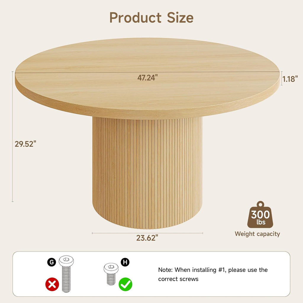 47 inch Round Dining Table for 4, Circle Kitchen Table with Wood Strip Base, Modern Farmhouse Dinner Tables for Kitchen, Living Room (Oak)