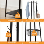 VECELO Coat Rack Freestanding,Hall Tree with Metal Basket and Storage Shelves,Industrial Coat Rack Stand with 8 Hooks for Hanging Coats/Hats/Bags/Umbrellas,18 x 18 x 72 In,Matte Black