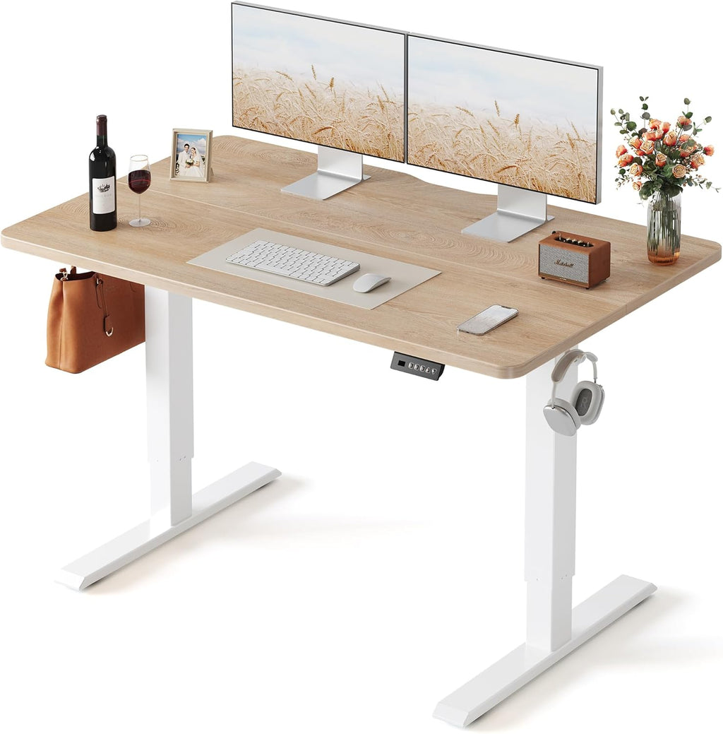 Electric Height Adjustable Standing Desk 48 x 24 Inch, Sit Stand Up Computer Office Desk with Splice Board, White Frame and Maple Top