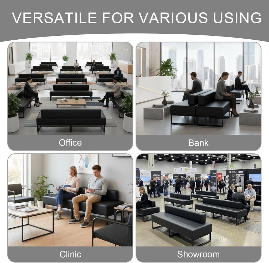 Modern Waiting Room Bench with Backrest Upholstered Office Guest Chair Metal Frame Reception Seating for Lobby Salon Airport Bank and Conference Room Black Frame 17" Dx47 Wx17 H