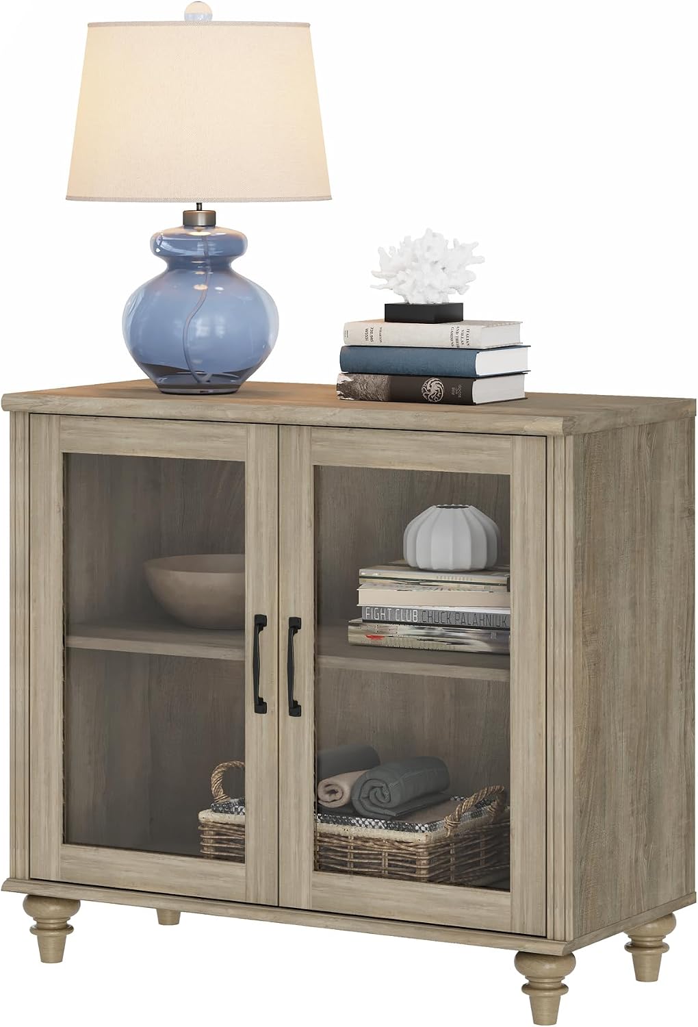 WAMPAT Farmhouse End Table with Ample Storage, Large Mid Century Modern Wood Bedside Table Night Stand, Wide Sofa Side End Table with Glass Doors, Cabinet for Living Room, Bedroom, Wash Grey