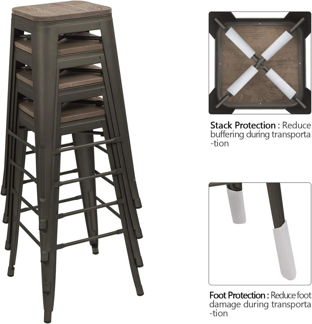 Devoko Metal Bar Stool 30'' Indoor Outdoor Stackable Barstools Modern Industrial Square Wood Top Bar Stools Set of 4 (30 inch, Gun)