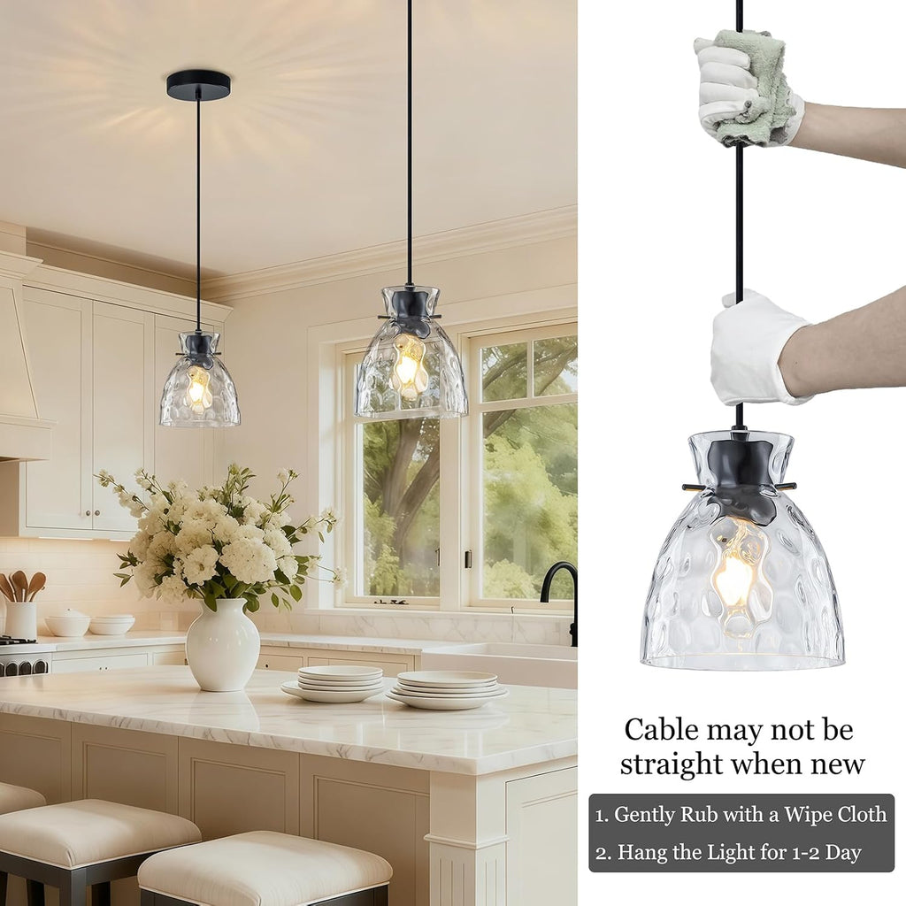 5.9” Mini Hammered Glass Black Pendant Lights Kitchen Island 2 Pack, Small Farmhouse Pendant Light Fixtures, Adjustable Modern Hanging Lighting Kitchen Pendant Lights over Island Sink Dining Room