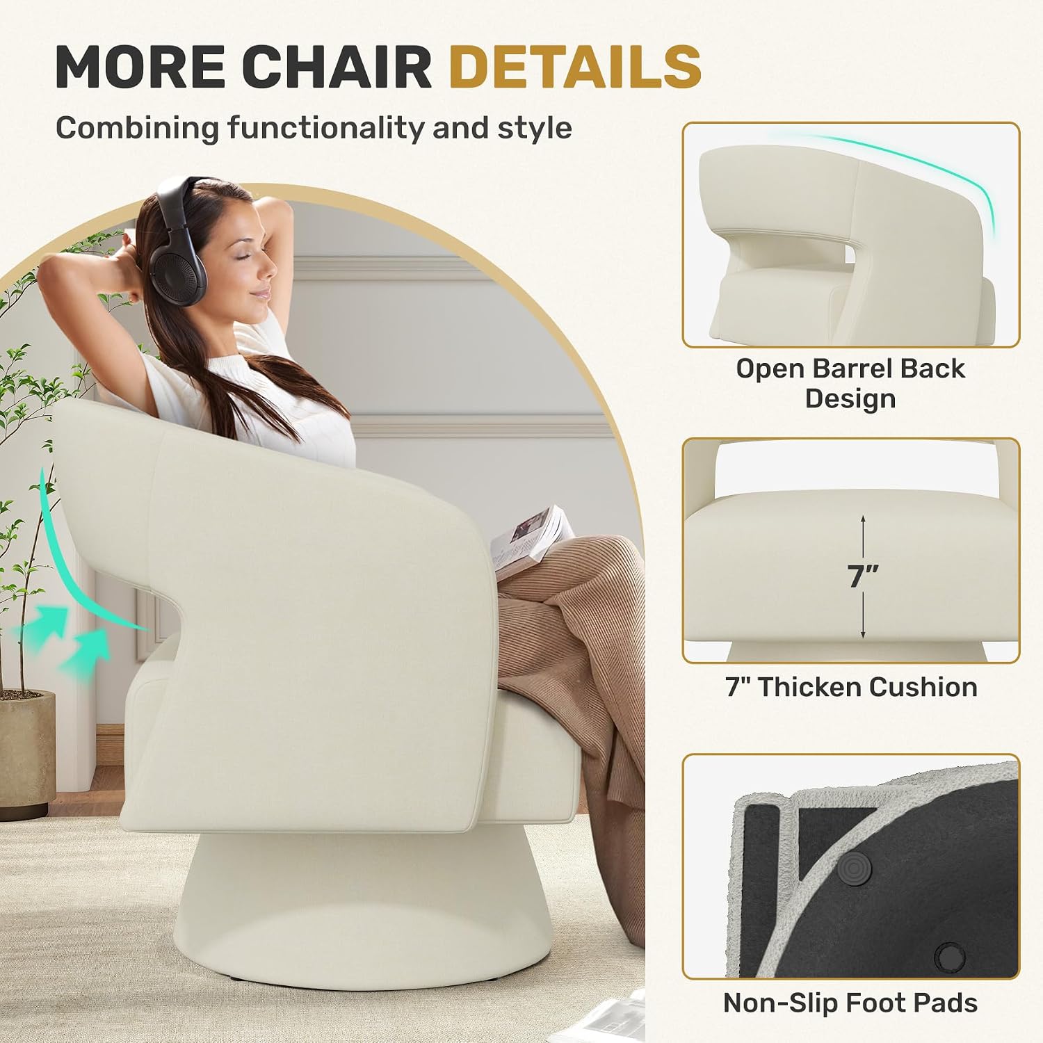 Nebuaegis Swivel Accent Chair Set of 2, Modern Comfy Chenille Barrel Chairs, Oversized Upholstered Round Arm Chair for Living Room, Bedroom, Reading Room, Beige