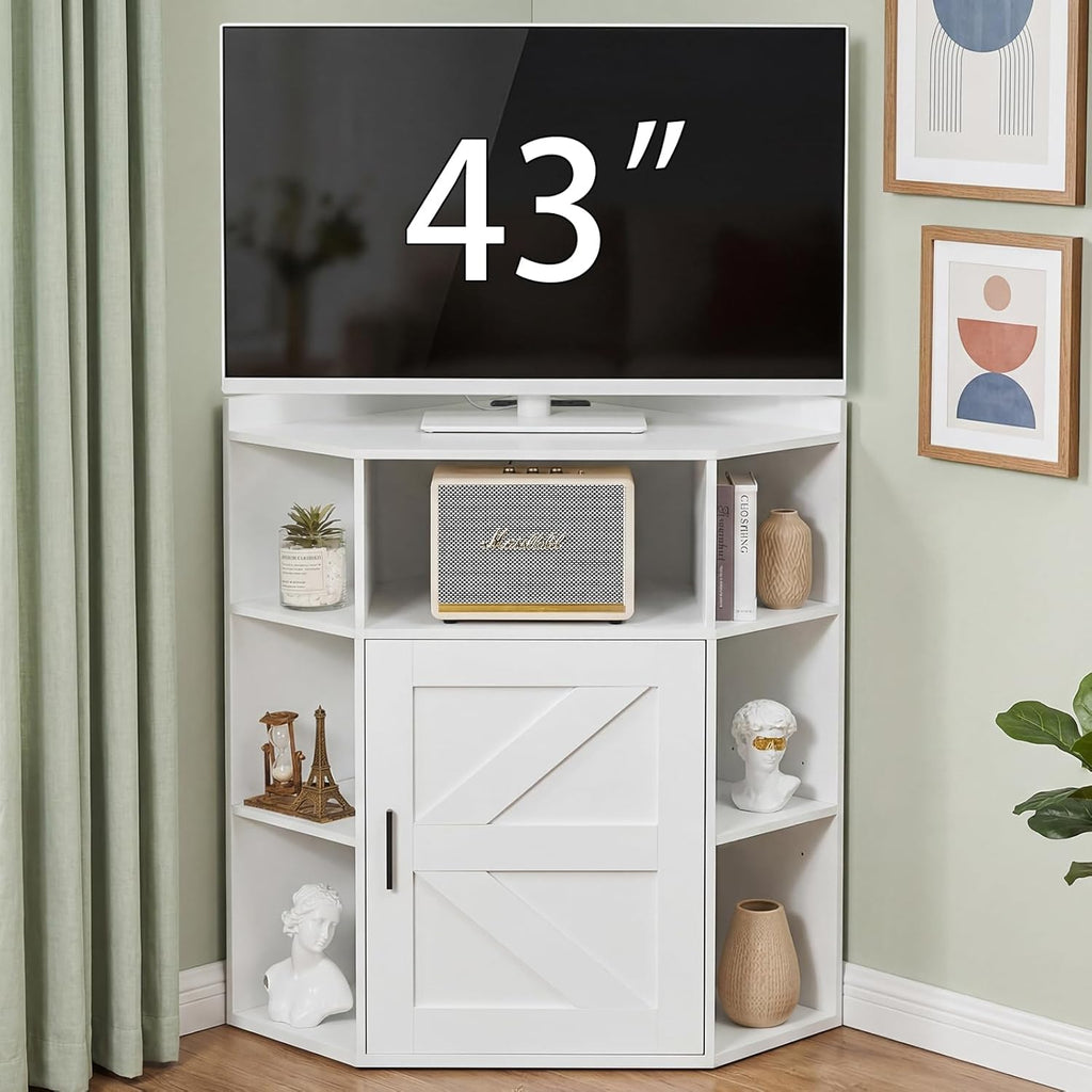 VECELO Corner Storage Cabinet with Charging Station, 34" Shelf with Door & Adjustable Shelves, Organizer for Living Room, Office & Gaming Setup, Fits Monitors up to 43" TV, White