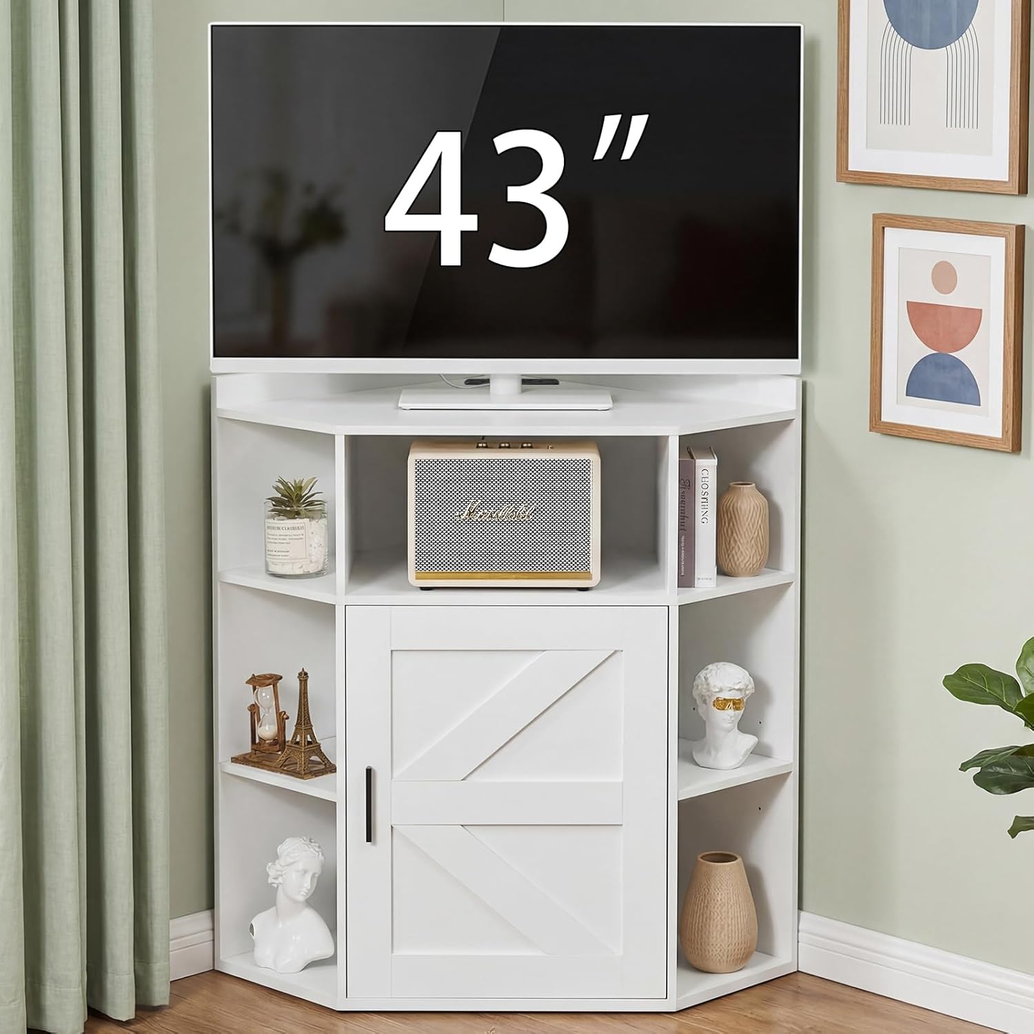 VECELO Corner Storage Cabinet with Charging Station, 34" Shelf with Door & Adjustable Shelves, Organizer for Living Room, Office & Gaming Setup, Fits Monitors up to 43" TV, White