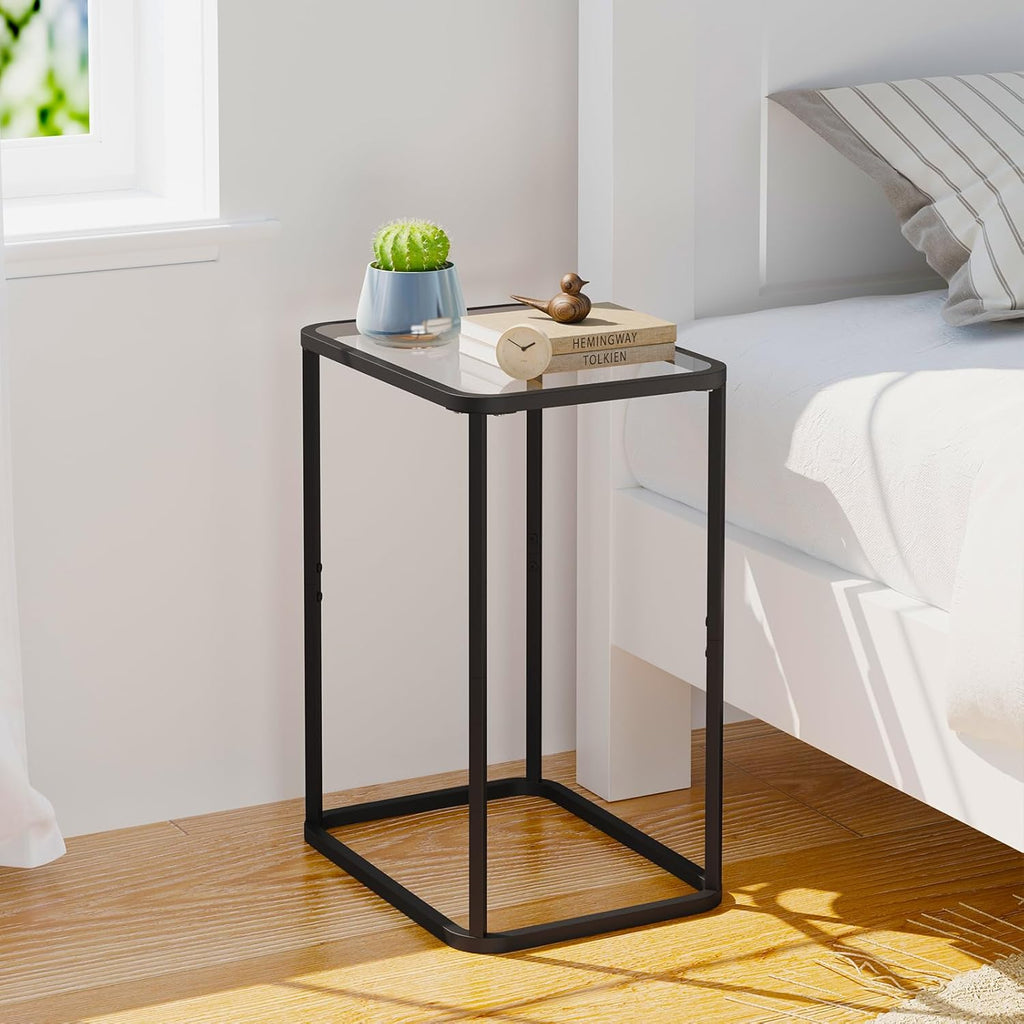 Garden 4 you Glass Side Table, Rectangle End Table with Metal Frame, Modern Bedside Table for Office, Bedroom, Living Room, Study, Small Spaces, Easy Assembly, 15.75 * 11.81 * 20.87 Inches, Black