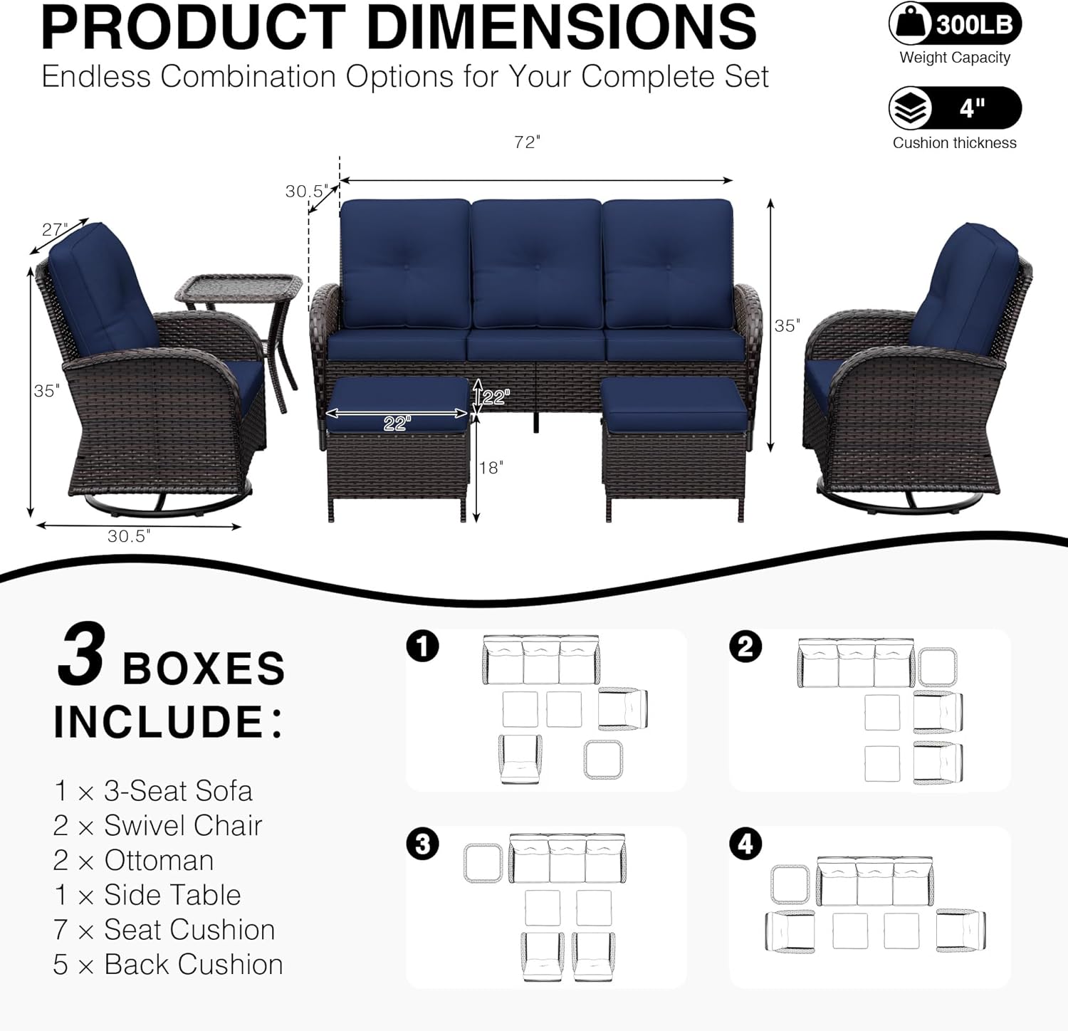 Joyside Wicker Patio Furniture Set, 6 Piece Outdoor Furniture Set with Thickened Cushions, High Back, Deep Seating, Wide Armrest, Outdoor Swivel Rocker Chairs for Porch, Deck