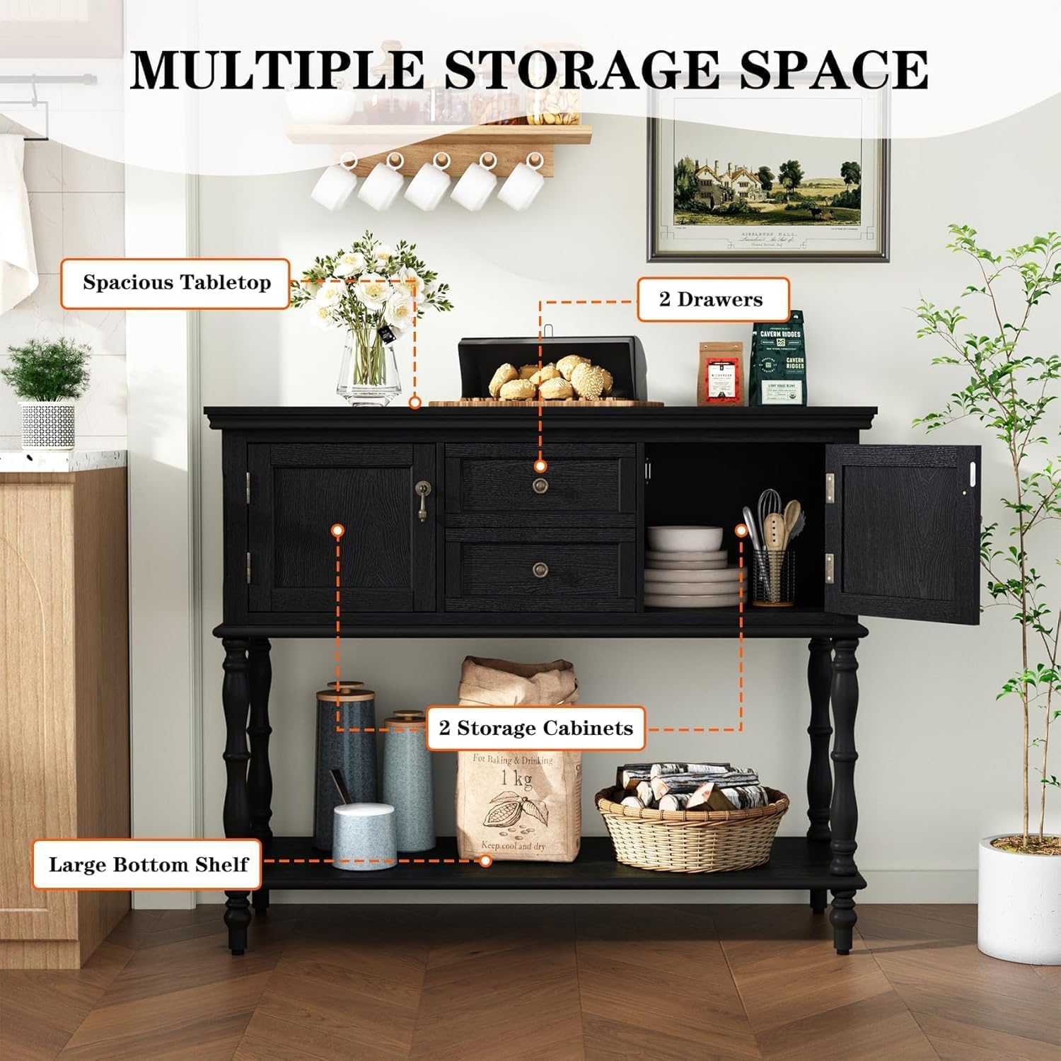 Retro Console Table with 2 Drawers and 2 Doors, 42 Inch Narrow Entryway Table with Open Storage Shelf and Roman Spindle Legs, Vintage Wood Accent Sofa Table for Living Room, Hallway