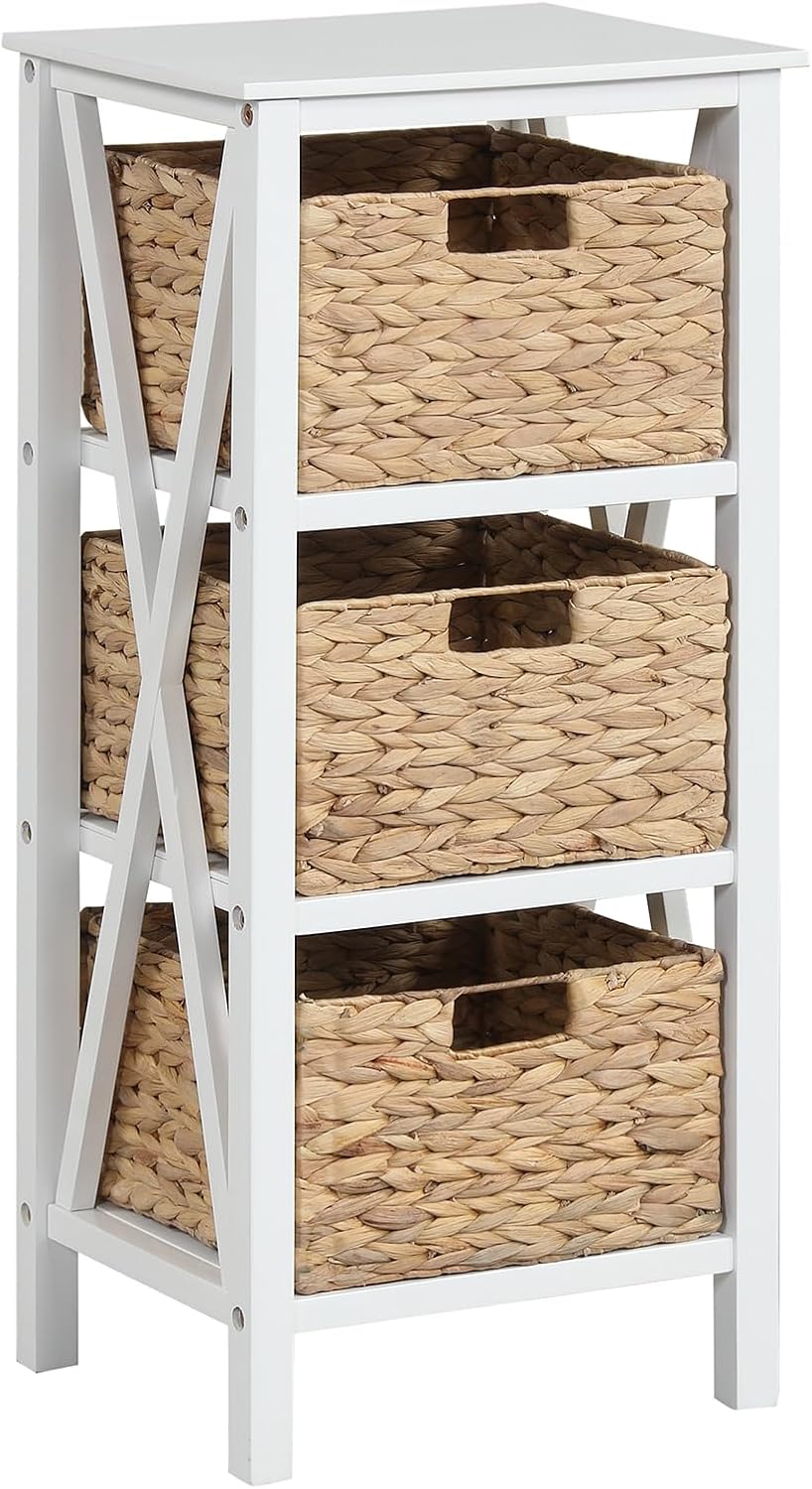 GOFLAME End Table with Wicker Drawers, Sofa Side Table with 3 Baskets, Rubber Wood X-Shaped Frame & Acacia Wood Legs, 3-Tier Wicker Nightstand Bedside for Living Room, Bedroom, White