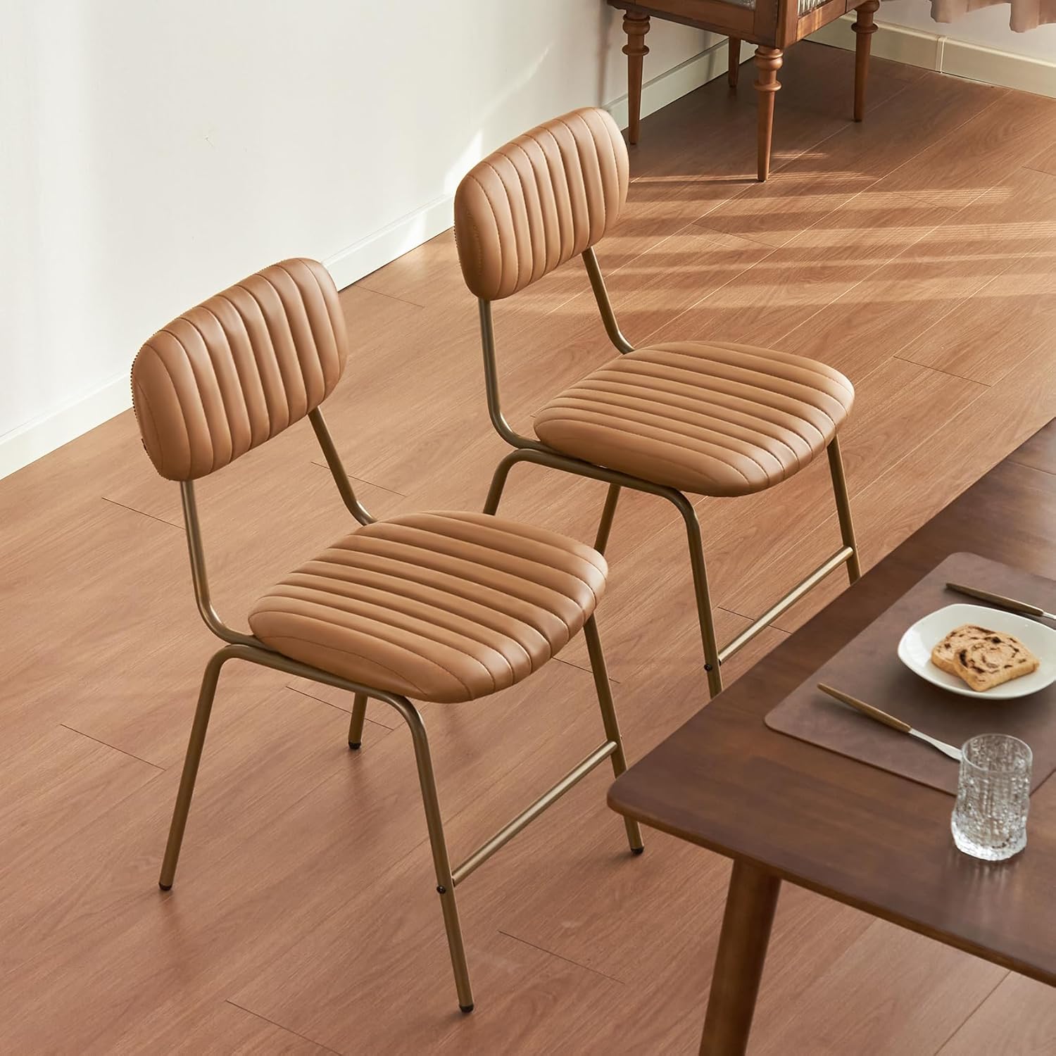 Mid Century Modern Dining Chairs Set of 2, Retro Chair with Faux Leather Upholstered Seat/Backrests & Vintage Distressing Metal Legs & Leg Protectors for Kitchen Dining Room (Brown,Assemble)