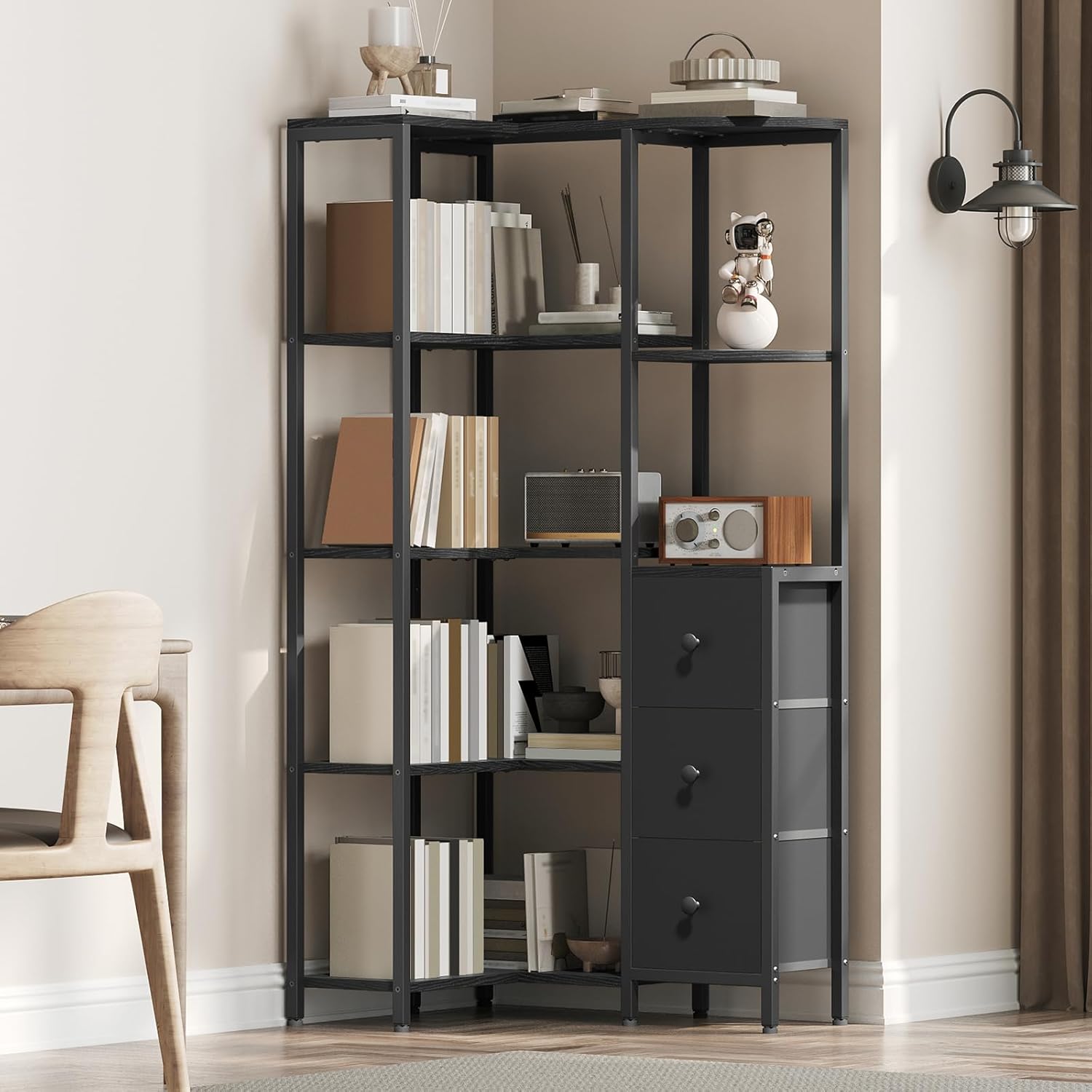 YATINEY Corner Bookshelf, 5-Tier L-Shaped Bookcase with 3 Fabric Drawers, Storage Display Shelf, Freestanding Tall Open Shelf, for Living Room, Bedroom, Home Office, Black SJ12BB