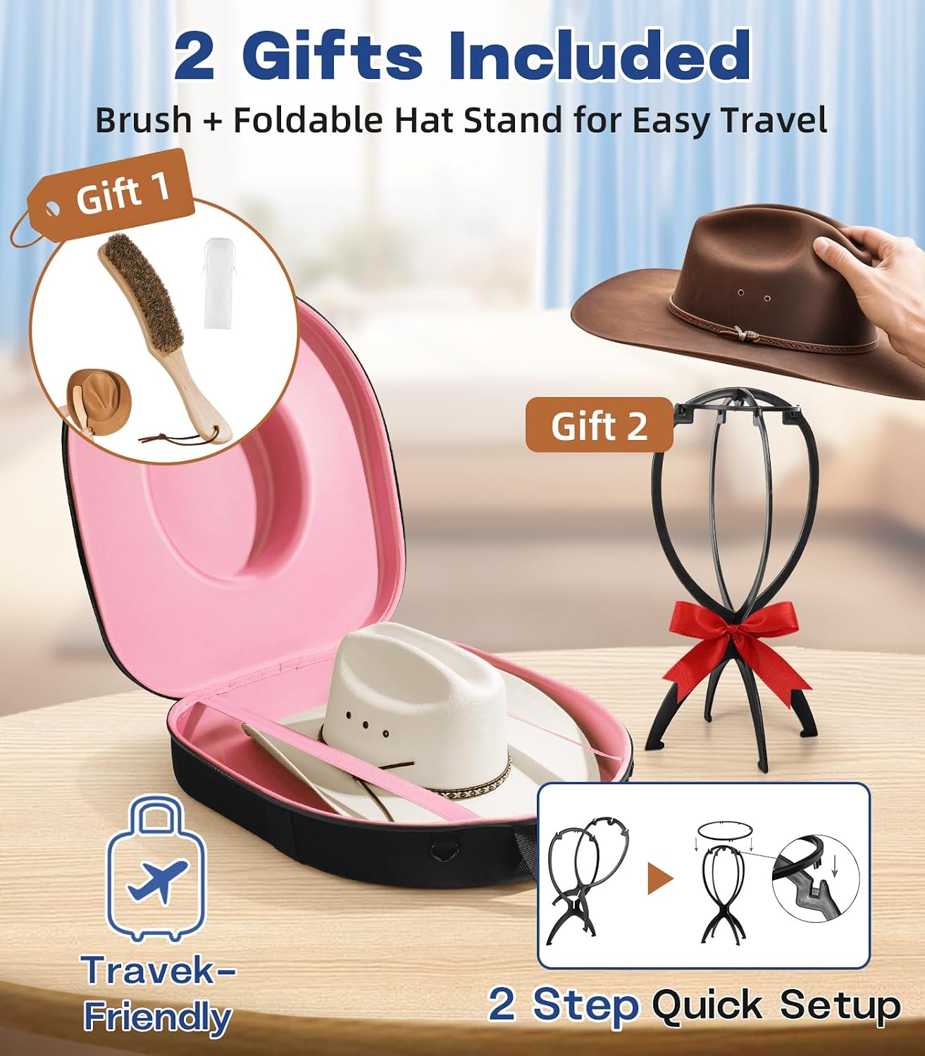 Hat Box for Cowboy Travel Extra Large, Waterproof Hard Hat Travel Case Storage Can for Fedora Panama Tweed Cap Holder Organizer Carrier with Adjustable Carry Strap, Mens Western Gift, Large Pink
