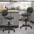 KLASIKA Leather Drafting Stool Chair with Ergonomic Backrest & Footrest, Padded Seat Adjustable Height 360° Swivel Rolling Stools, Tall Office Chair for Standing Desk, Shop, Drawing, Work, Black