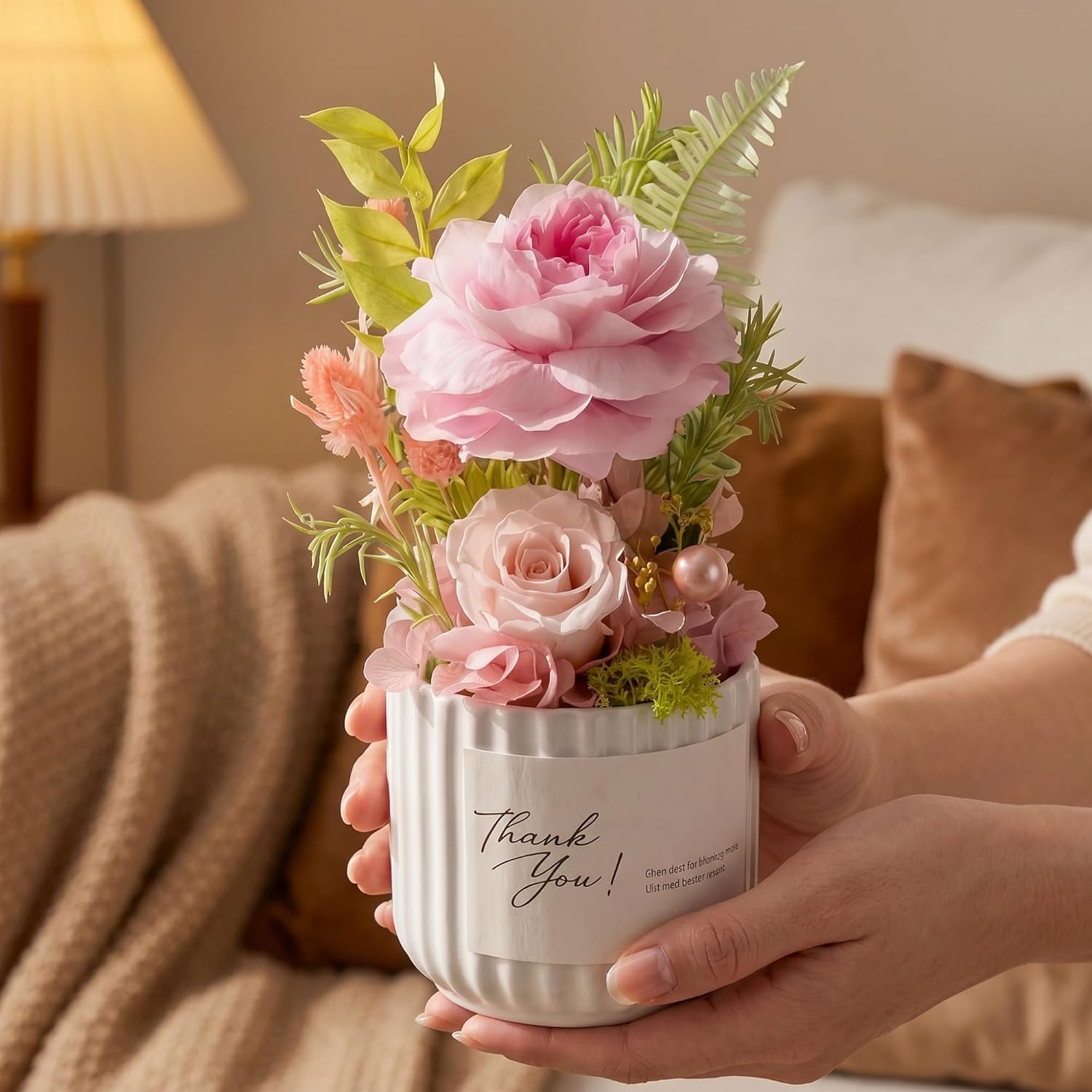 Preserved Real Pink Roses in Ceramic Vase, 7.8" H x 2.6" W, Hand-Arranged, Lasts 1-3 Years, No Water, Home Decor, Birthday Gift for Mom or Wife
