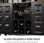 Vabches 45" Wine Bar Cabinet with Wine Rack and Glass Holder, Mid Century Modern Farmhouse Liquor Coffee Bar with Storage & Retro Square Doors, Sideboard Buffet Cabinet for Kitchen Dining Room, Black