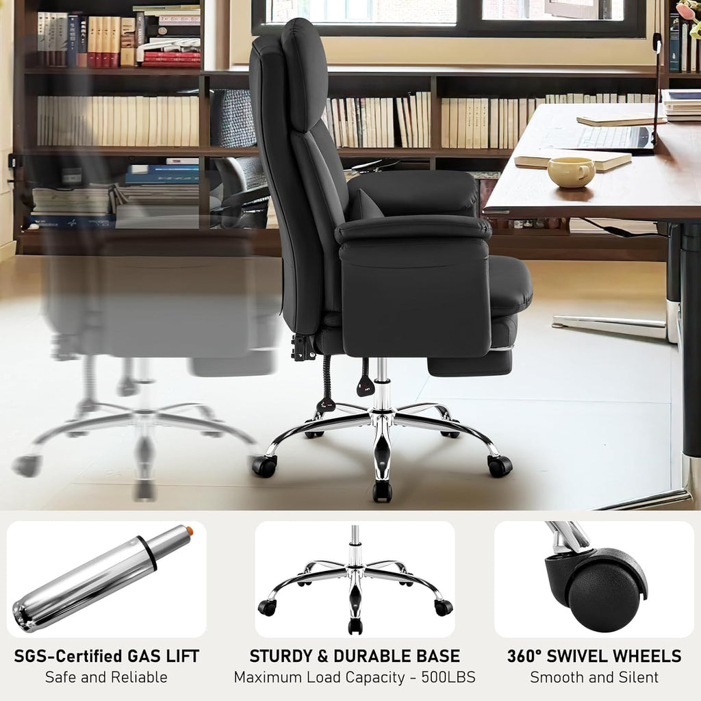 Leather Home Office Chair with Footrest 400lbs, High Back Rolling Desk Chair with Lumbar Support Soft Armrests, Excutive Office Chairs with Wheels Height Adjustable Rocking Swivel Functions,Black