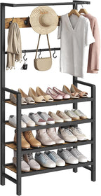 YATINEY Hall Tree, Coat and Shoe Rack, Entryway Coat Rack with 4-Tier Wooden Shoe Rack and 10 Hooks, Freestanding Hall Tree with Shoe Storage for Entryway, Hallway, Rustic Brown and Black MT09BR