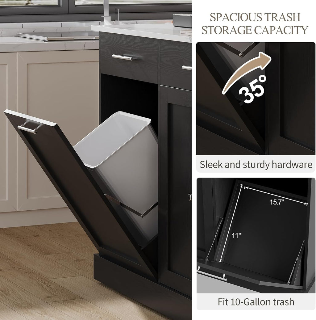 4 EVER WINNER Kitchen Island with Storage, Kitchen Island Cart on Wheels with Trash Can Cabinet, Spice Rack & Towel Rack, Kitchen Island Table with Faux Marble Countertop, Black