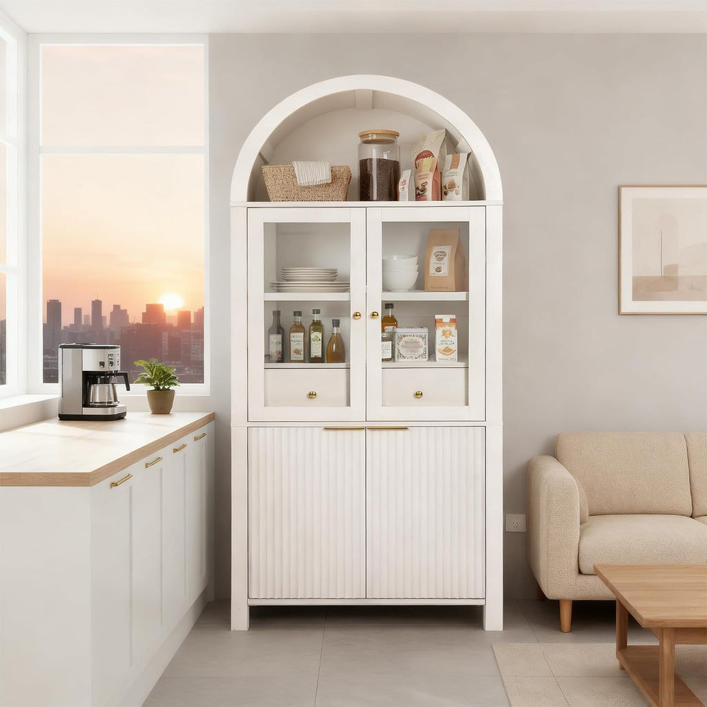 71" Tall Arched Cabinet, Modern Farmhouse Kitchen Storage Cabinet with Adjustable Shelves, Display Storage Hutch with Hidden Drawer & Glass Door for Kitchen, Living Room, Dining Room, White