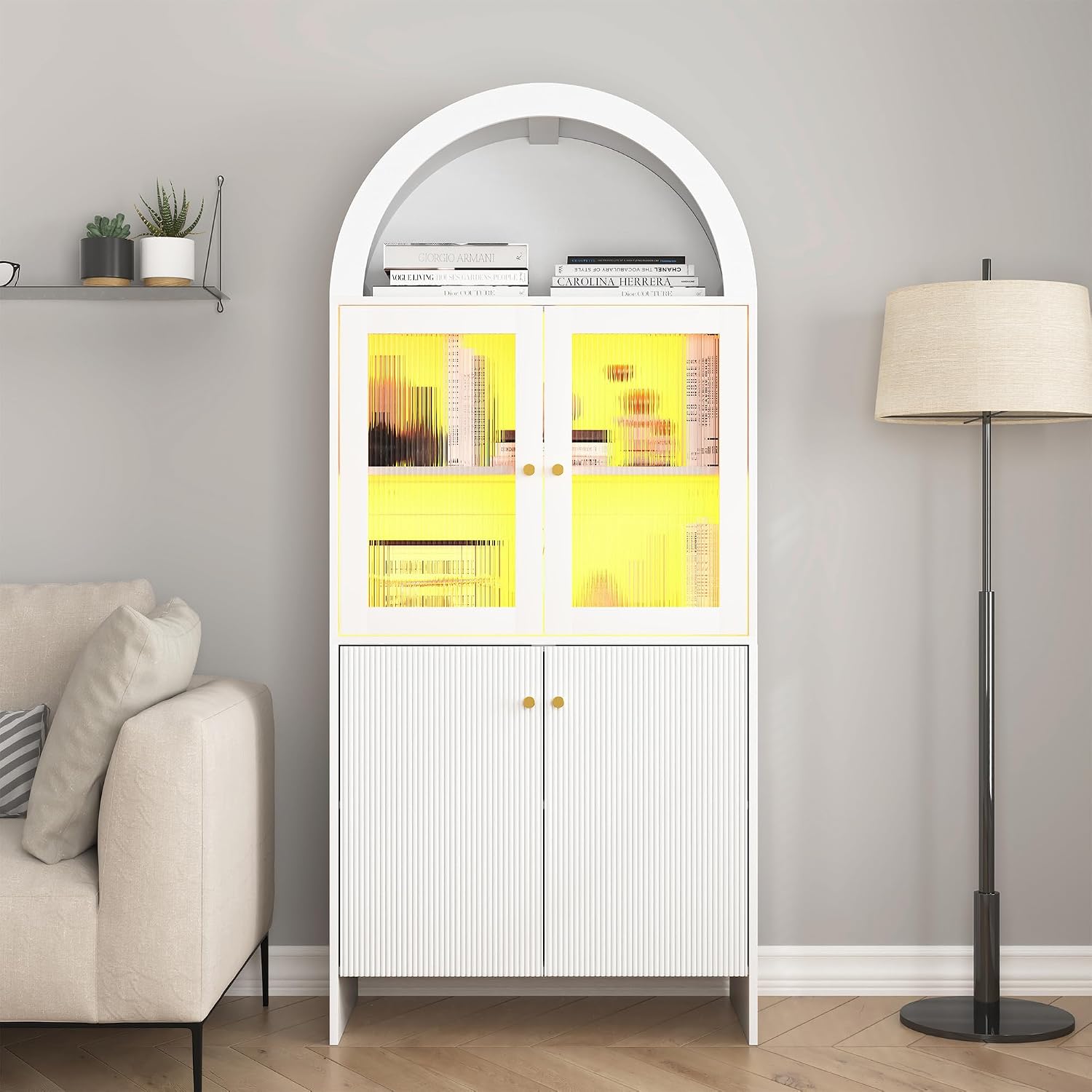 69" LED Tall Arched Kitchen Pantry Cabinet, Wood Kitchen Storage Hutch with 2 Large Drawers and Adjustable Shelves, Glass Dome Cupboard for Dining Room, Bathroom，Livingroom