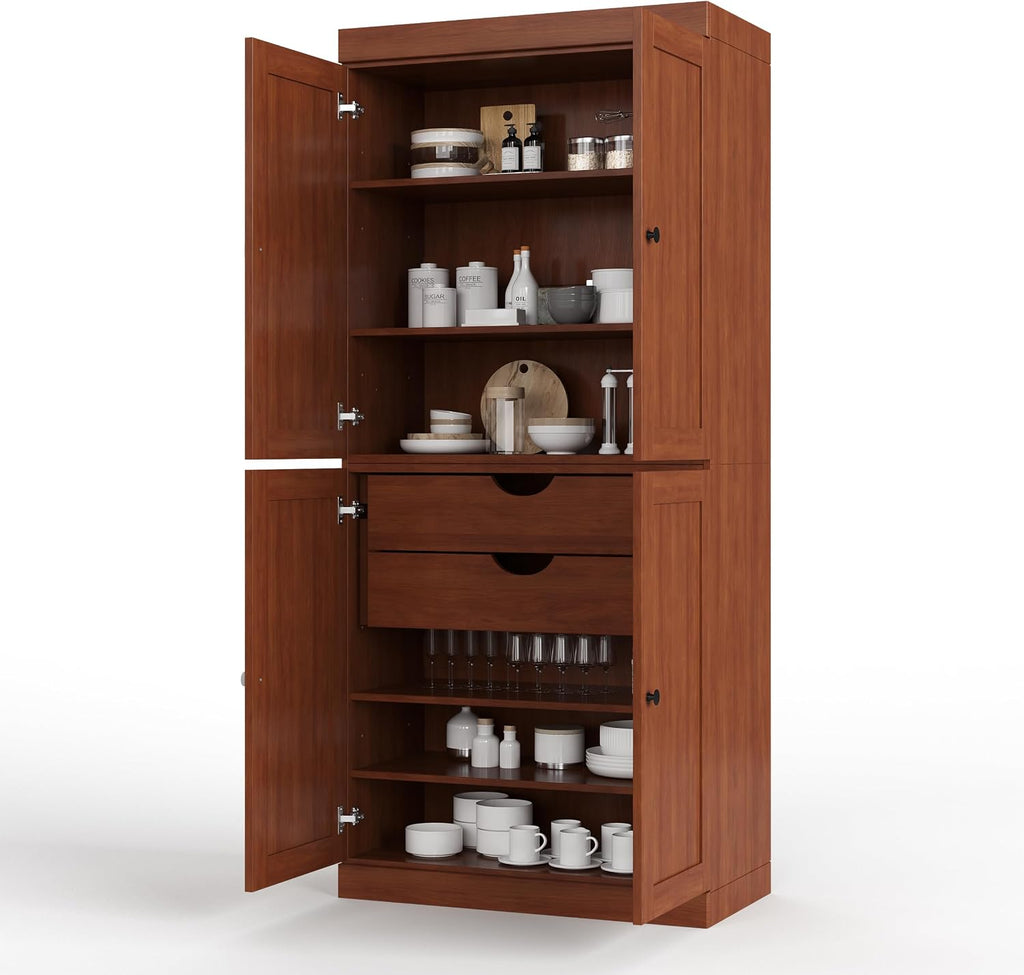 Palace Imports Solid Wood Kitchen Pantry Cabinet - 71.5" H x 32" W - Wooden Storage Cabinet w/ 4 Shaker Doors, 2 Drawers & 4 Adjustable Shelves, Mocha, 100% Renewable Eco-Friendly Wood, Made in Brazil