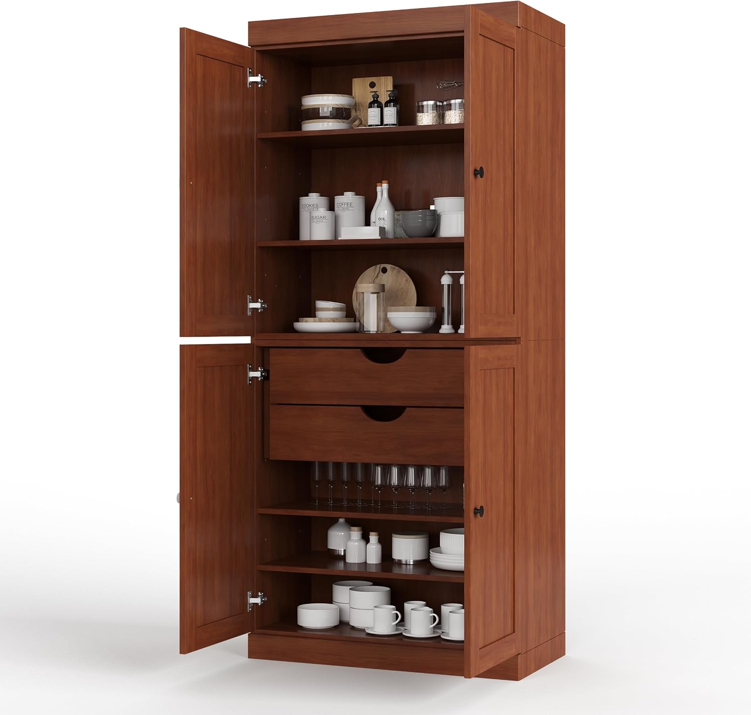 Palace Imports Solid Wood Kitchen Pantry Cabinet - 71.5" H x 32" W - Wooden Storage Cabinet w/ 4 Shaker Doors, 2 Drawers & 4 Adjustable Shelves, Mocha, 100% Renewable Eco-Friendly Wood, Made in Brazil