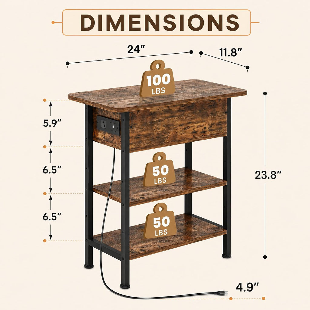 GRUSIGN End Table with Charging Station, Flip Top Side Table with USB Ports and Outlets, 3-Tier Small Side Table with Storage for Small Space, End Tables for Living Room/Bedroom, Black
