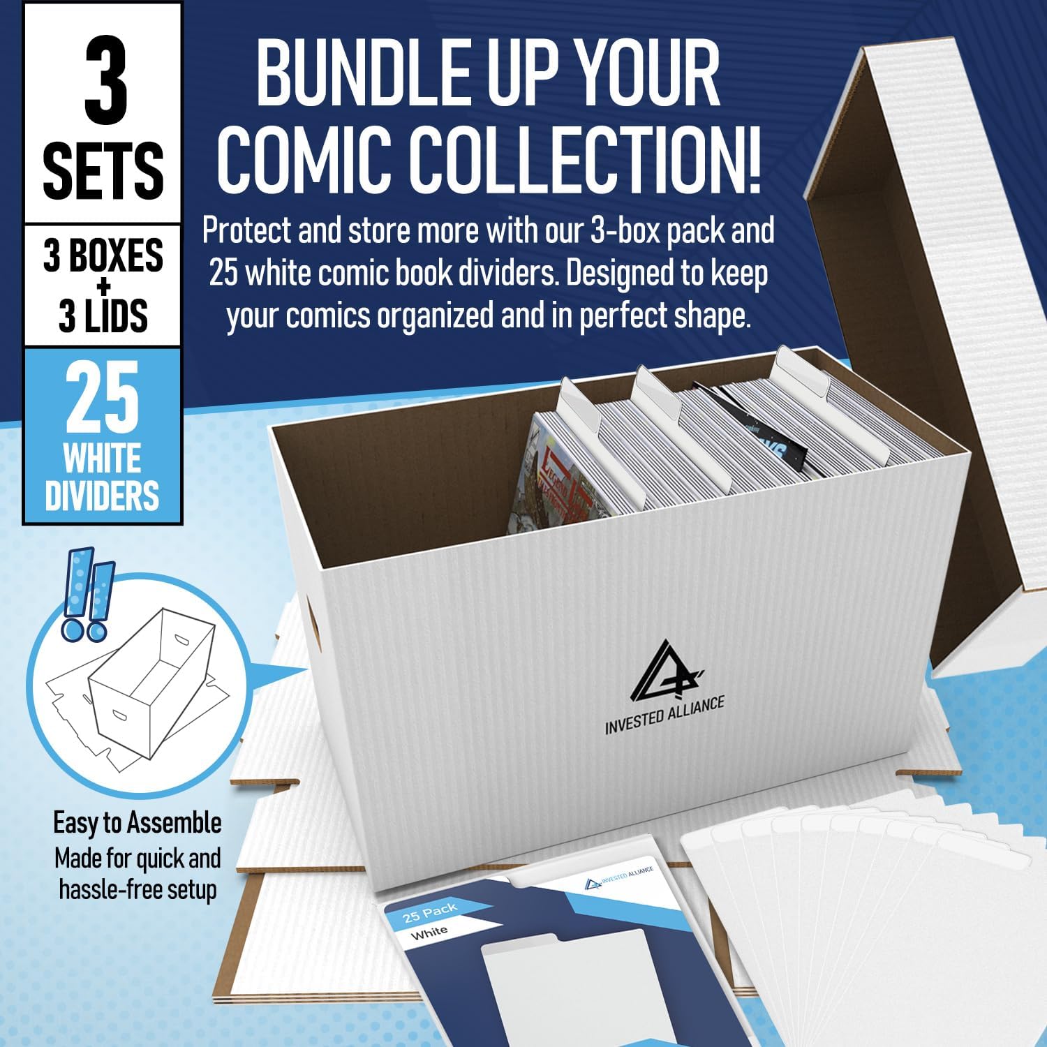 Invested Alliance Bundle Set Premium Short Comic Book Storage Box Organizer with Lid | Thick Cardboard Comic Storage Box For Collectibles Fits 150-175 Current/Silver Age, Heavy Duty & Stackable.