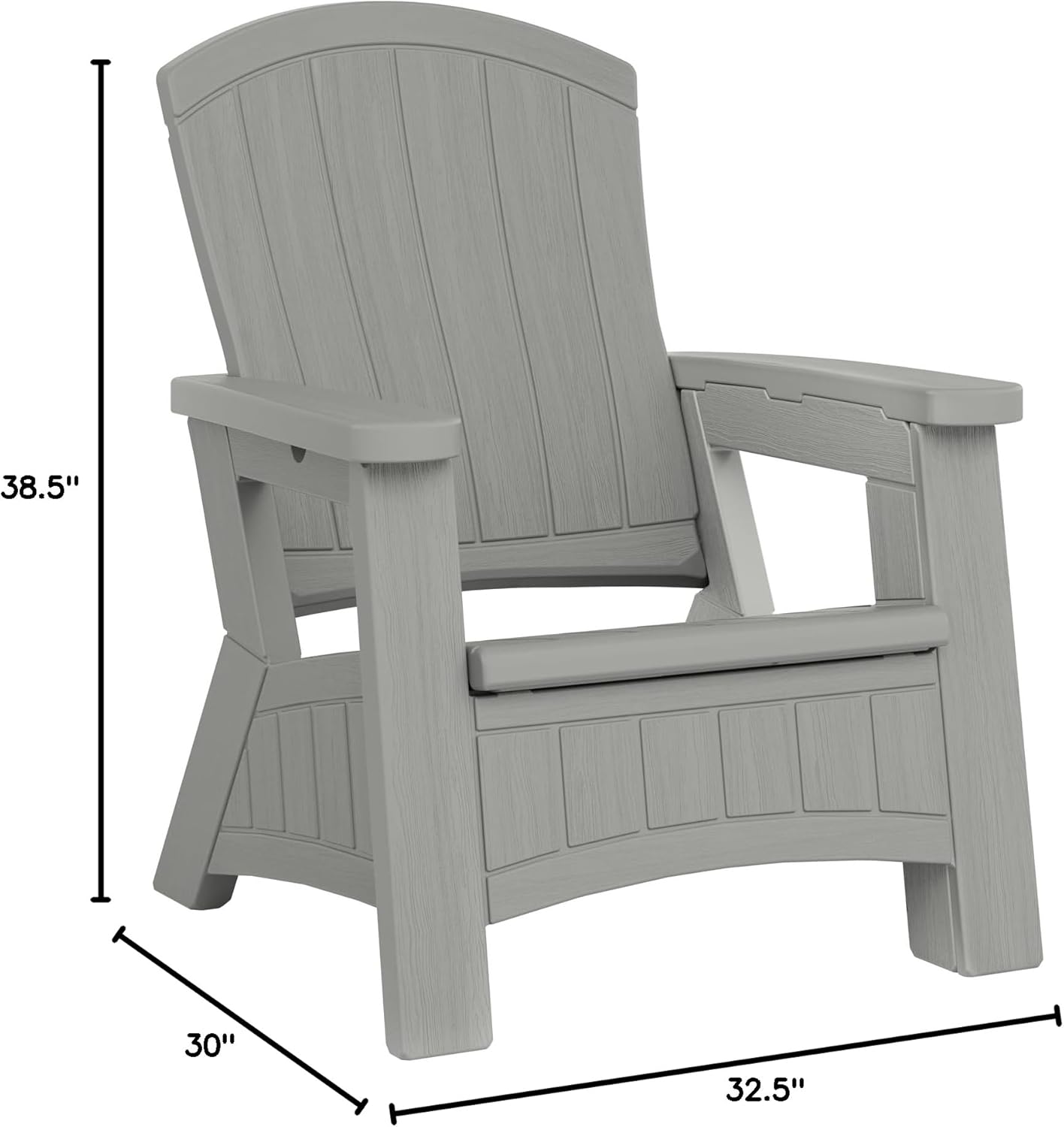 Suncast Outdoor Patio Adirondack Chair with 8 Gallons of Under-Seat Storage, Stylish Faux Wood Outdoor Storage Chair, Dove Gra