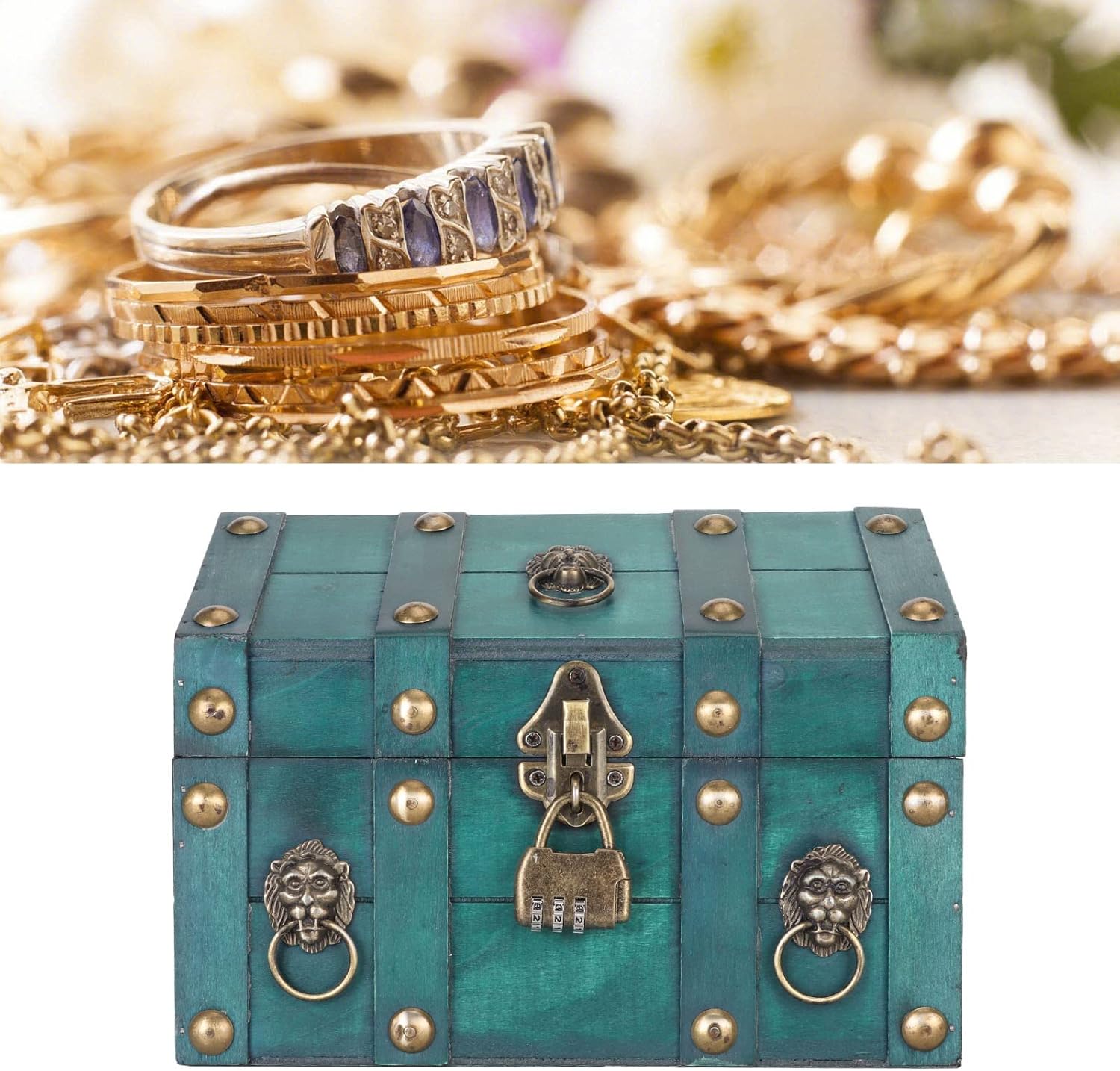 GLOGLOW Classic Chest Storage Box with Combination Lock, Multipurpose Compact Wood and Metal Storage Box for Jewelry, Small