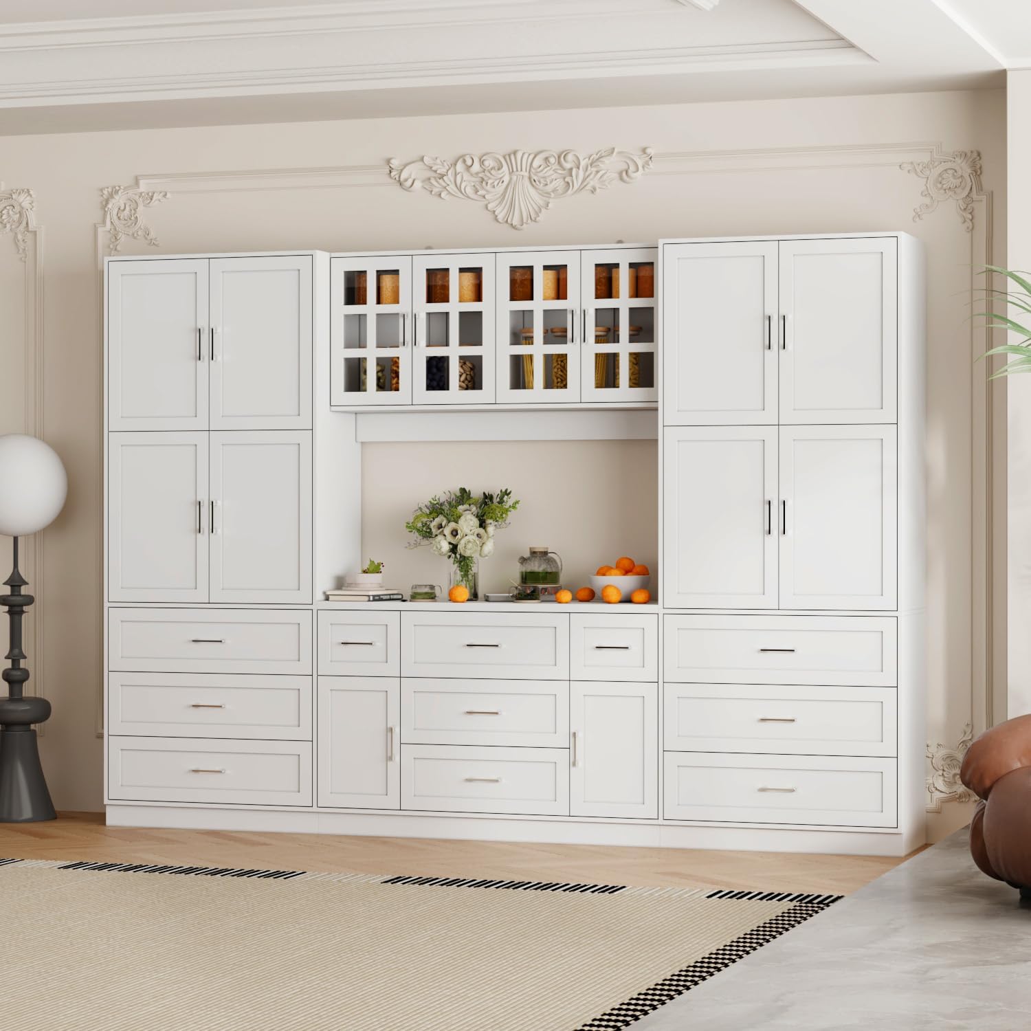 Timechee Cupboard, Kitchen Pantry Storage Cabinet, White Modern Food Pantry Cabinet with 8 Cabinets, 11 Drawers and 4 Display Doors for Living Room, Kitchen(15.7" D x 110.2" W x 78.7" H)