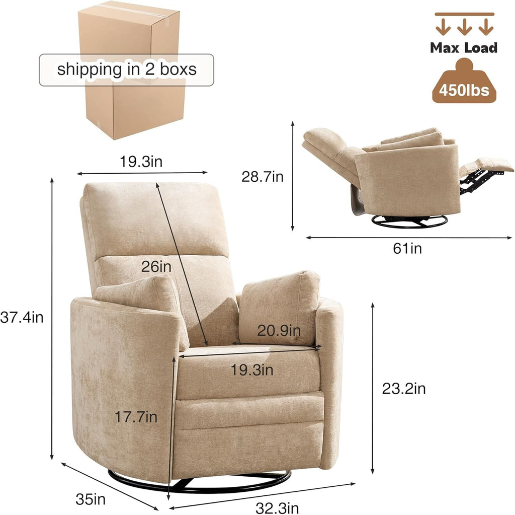 Manual Recliner 360°Swivel Rocking Glider Chair,Upholstered Nursery Adult Recliner Rocker Glider Chair with 2 Pillows for Living Room Bedroom Apartment(Khaki,Manual Operation)