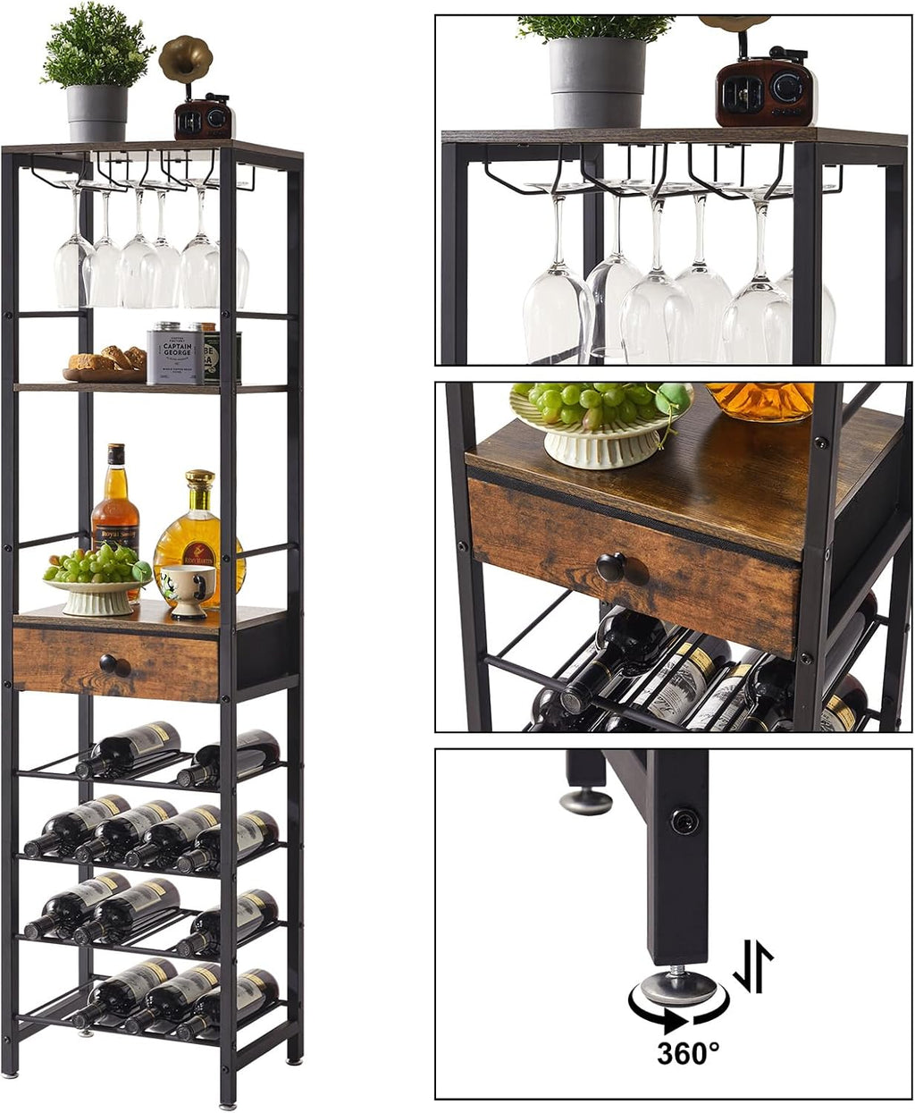IBUYKE Wine Rack Freestanding Floor with Glass Holder,Brown TMJ905H | Bar Cabinet for Liquor and Glasses 4-Tier Coffee Bar Cabinet Glass Holder and Storage Drawer for Home Kitchen Living Room