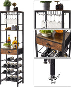IBUYKE Wine Rack Freestanding Floor with Glass Holder,Brown TMJ905H | Bar Cabinet for Liquor and Glasses 4-Tier Coffee Bar Cabinet Glass Holder and Storage Drawer for Home Kitchen Living Room