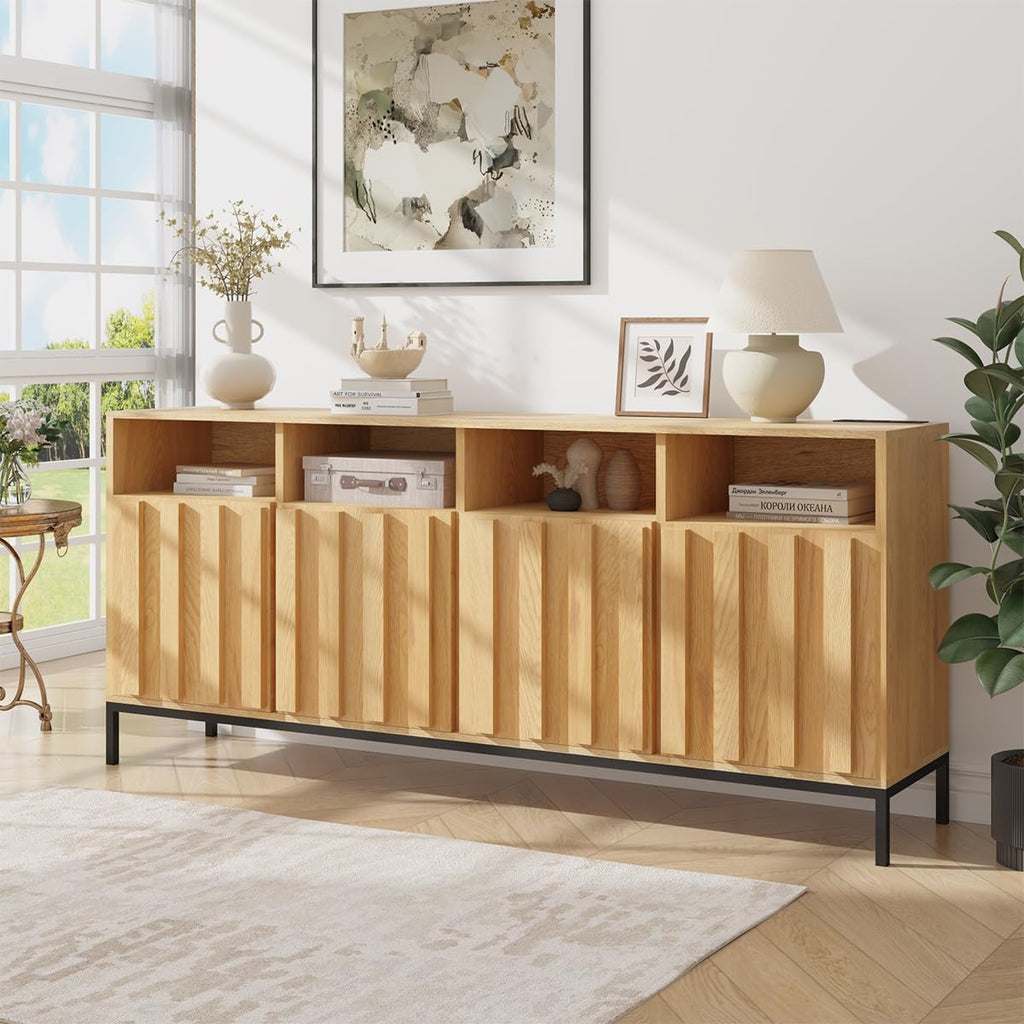 COCO DESIGN 70" Large Buffet Sideboard Cabinet with Power Outlets & Adjustable Shelves, Modern Farmhouse Accent Storage Credenza Console for Kitchen, Living Room, Oak