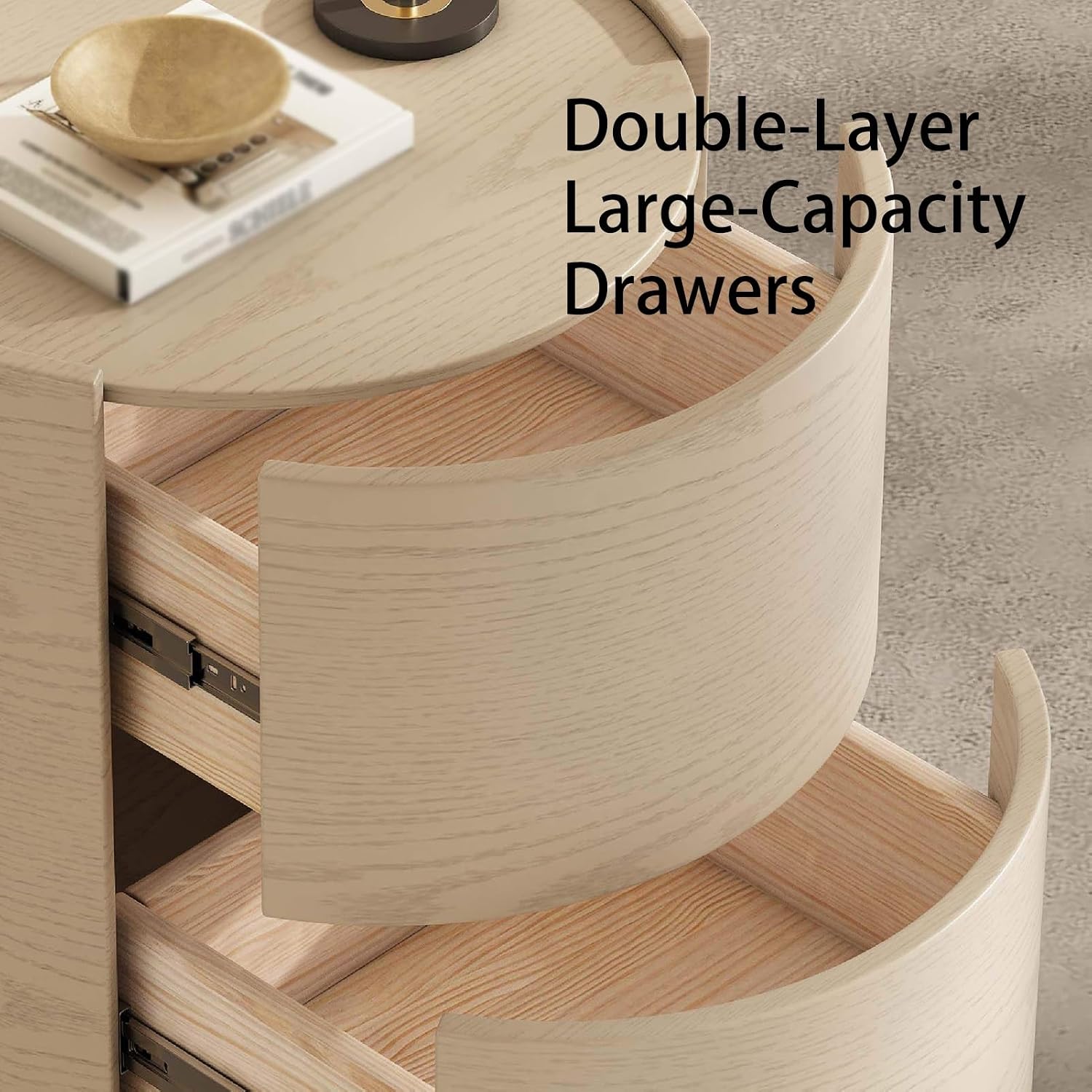 Wooden Nightstand Modern End Table,Round Side Tables with 2 Drawers Bedside Cabinet Accent Tea Tables,No Handle Design Storage Cabinet for Living Room Bedroom Office(White,15.7in/40cm)