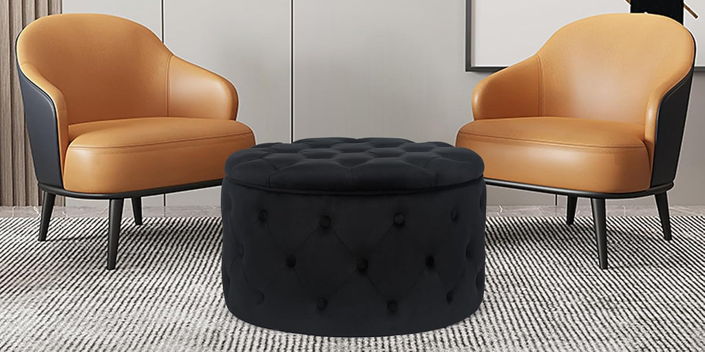 Joveco Round Storage Ottoman, Button Tufted Upholstered Ottoman with Removable Top, Storage Bench Coffee Table Footrest Stool for Living Room Bedroom Entryway (Black,M)