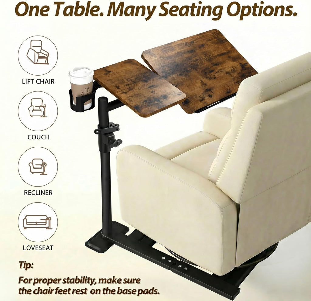 YUHFERA Swivel Table for Recliner Chair with Tilting Top, Adjustable Laptop Side Table for OverCouch & Sofa, Slide Under Tray Tables for Eating & Reading, Armchair Desk (Rustic Brown)