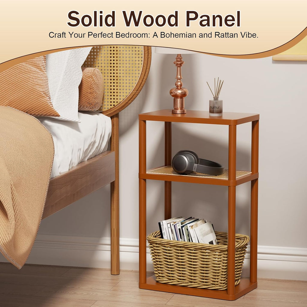YGYQZ Rattan End Table, 3-Tier Narrow Side Table for Small Spaces, Wood Sofa Side Table Nightstand with Storage Shelves for Living Room Bedroom, Boho Slim Corner Table