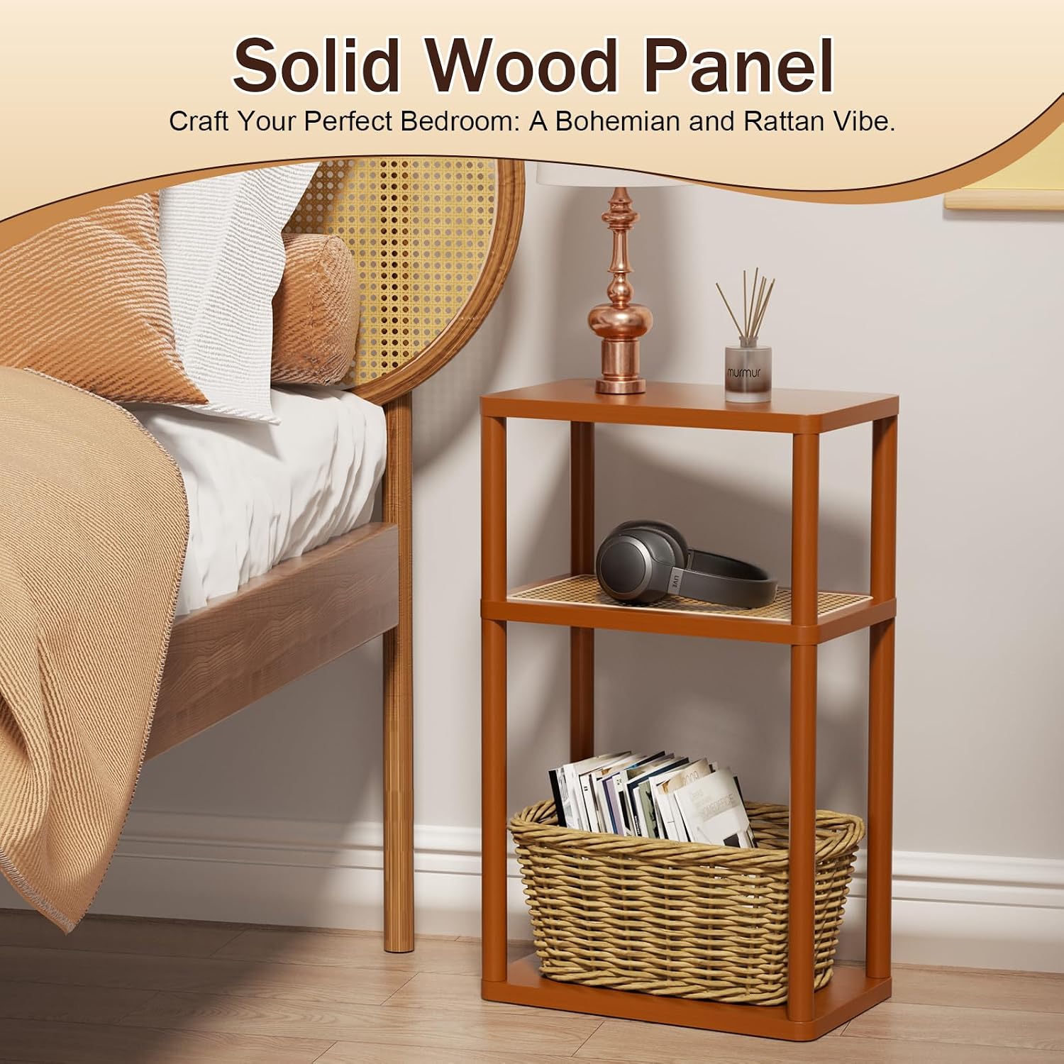 YGYQZ Rattan End Table, 3-Tier Narrow Side Table for Small Spaces, Wood Sofa Side Table Nightstand with Storage Shelves for Living Room Bedroom, Boho Slim Corner Table