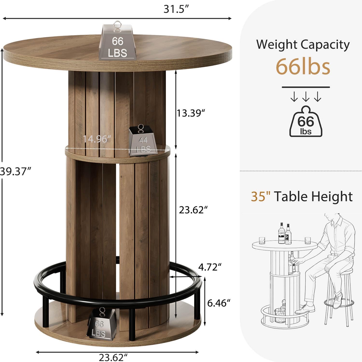 HSH Round Bar Table, 39.4" H Wood Pub Table with Storage & Metal Footrest, Modern Industrial Bar Height Bistro Cocktail Table for Coffee Bar, Kitchen Dining Room, Small Space, Rustic Oak, 2PCS