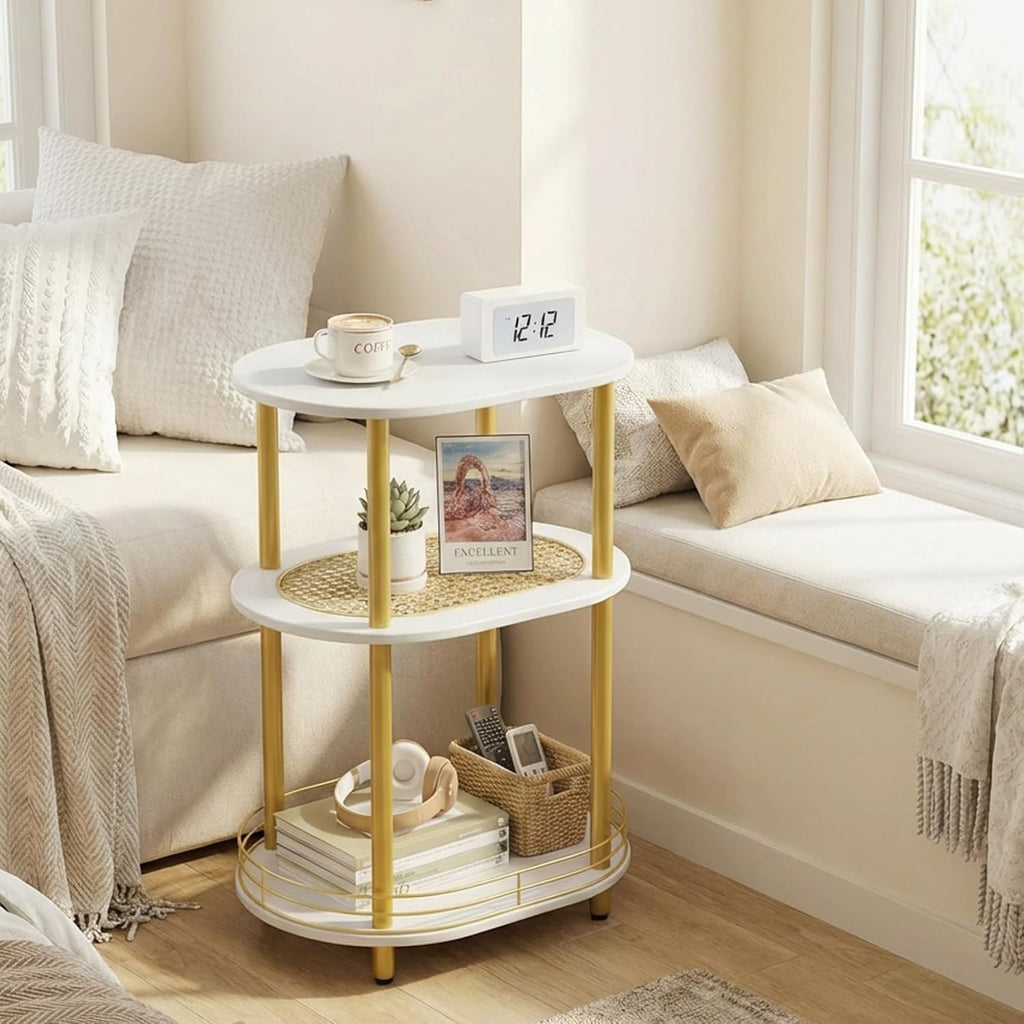 Small Rattan Side/Accent Table with Storage, 3 Tier Round/Oval End Table with Rattan Shelf & Metal Basket, Boho Nightstand, Tool Free Assembly/Screw-Hole Free Tabletop-Living Room Bedroom-Black