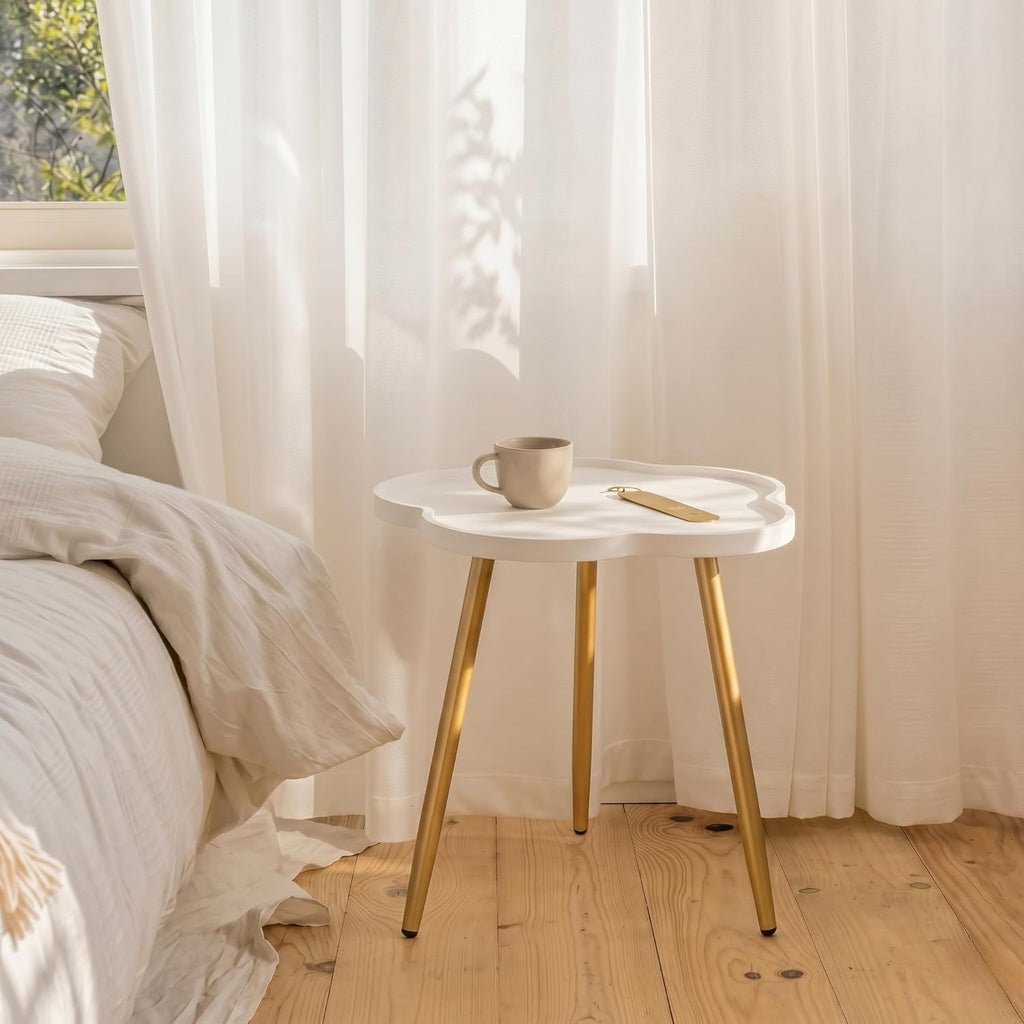 danpinera Round Side Table, Metal Legged Accent Table with Wooden Tray, Flower Tray Small Round End Table for Living Room, Bedroom, Nursery White & Gold