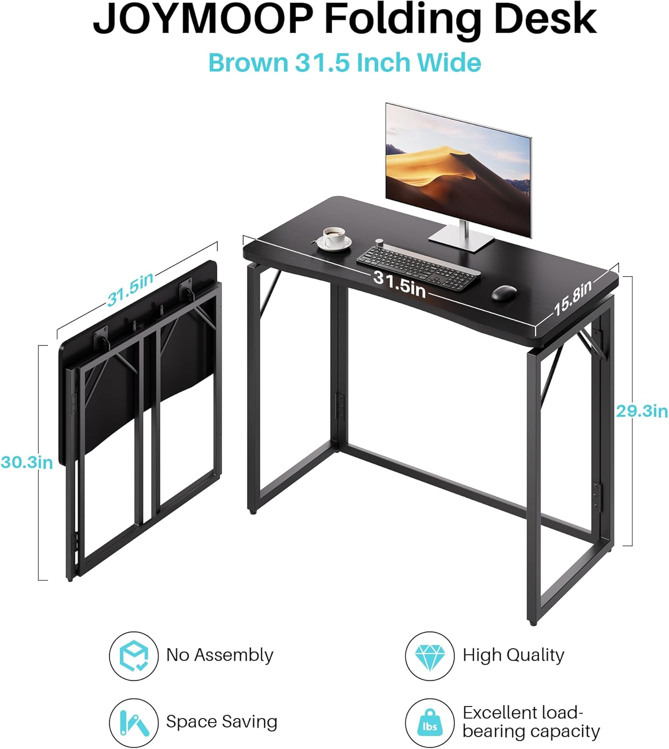 JOYMOOP Black 31.5" Folding Desk, No Assembly Small Foldable Desk for Home, Office, Wooden Top Folding Computer Desk for Working, Writing, Studying