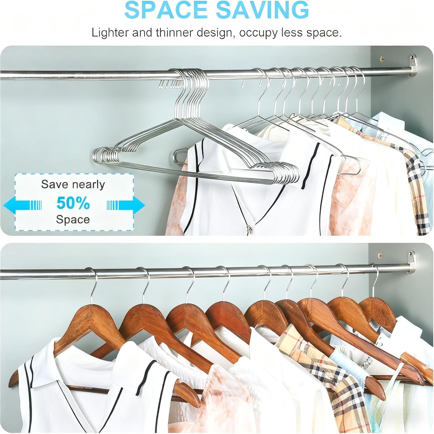 Hangers 100 Pack Clothes Hangers, Non Slip Coat Hanger Clothing Hanger Heavy Duty Metal Wire Hanger, Space Saving Ultra Thin Stainless Steel Skirt Suit Pants Hangars 16.5 Inch